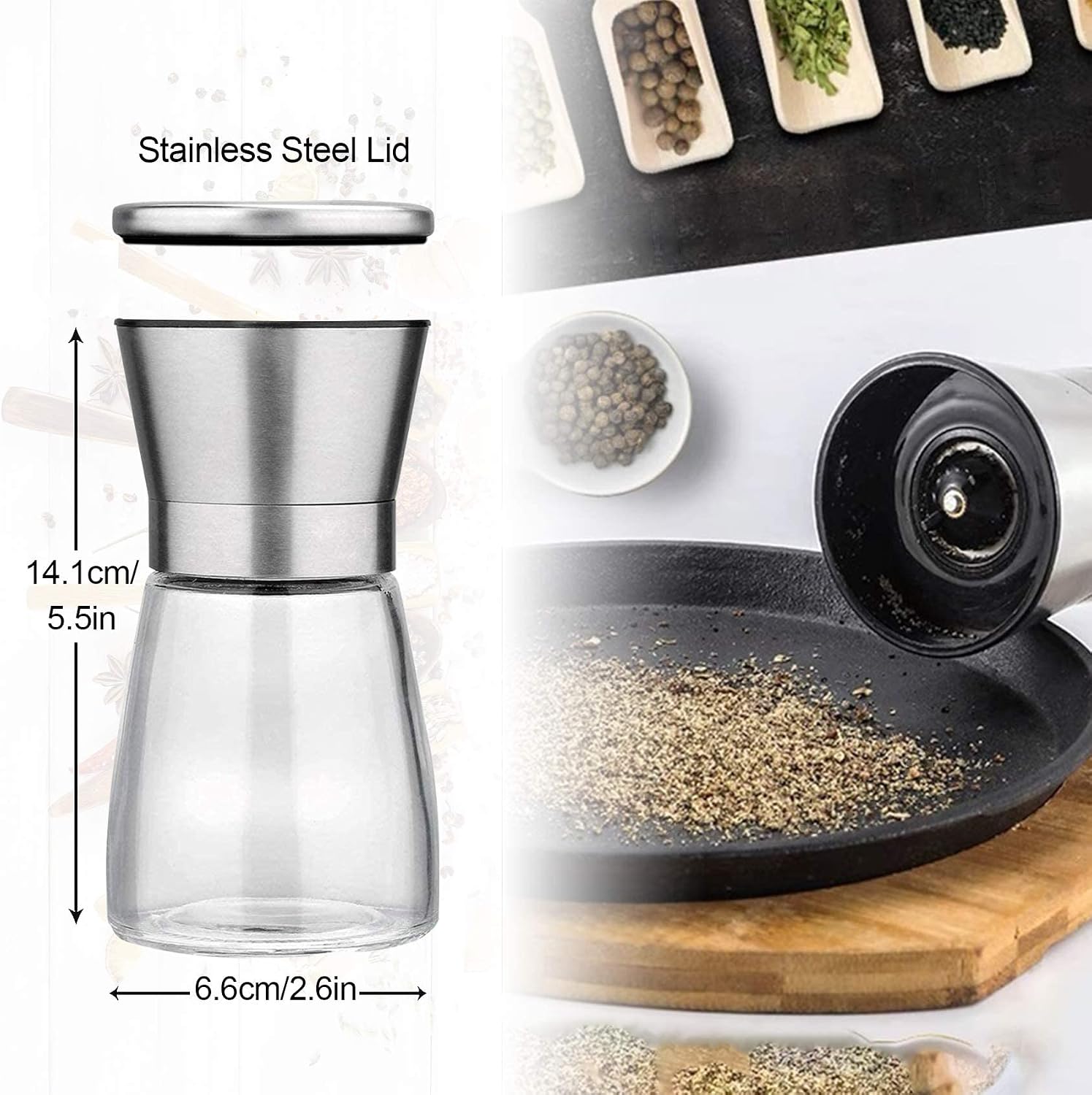 LessMo Salt and Pepper Grinder Set with Wooden Standing Tray