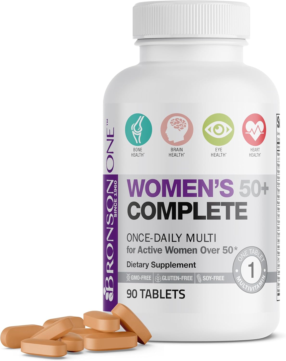 Bronson ONE Daily Women 50+ Complete Multivitamin Multimineral, 180 Tablets | Once-Daily, Targeted Nutrition For Active Women Over 50, Non-GMO, Gluten-Free, Soy-Free