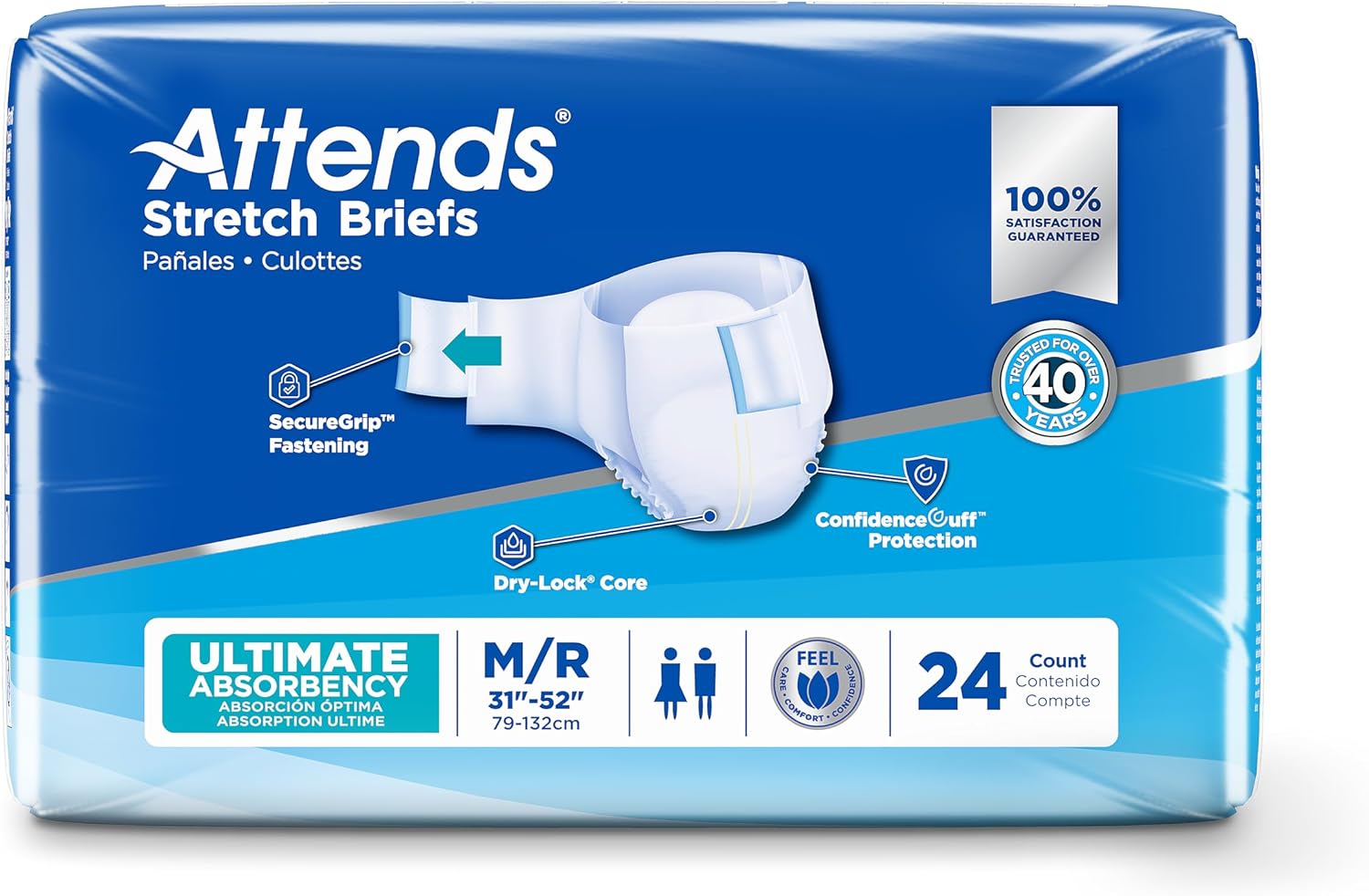 Attends Stretch Adult Incontinence Disposable Briefs, Large/X-Large, 40"-70" Waist with SecureGrip Tab Closure, Ultimate Absorbency with Dry-Lock Containment Core and Breathable Side Panels, 96ct Case