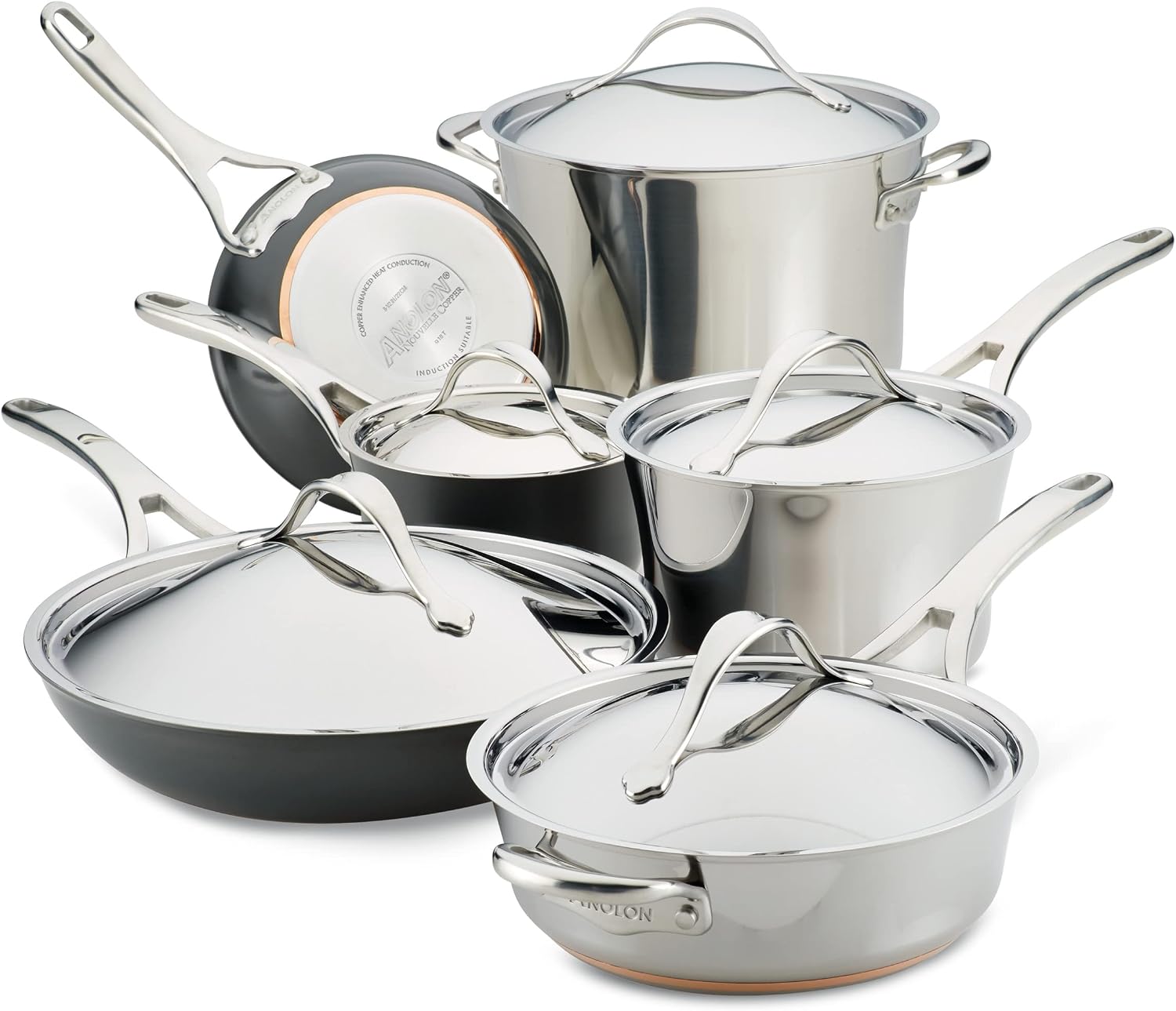 Anolon Nouvelle Stainless Steel Cookware Pots and Pans Set, 10 Piece | Stainless Steel Cookware Set with Lids, Oven Safe to 500°F, Durable Everyday Cooking, Dishwasher Safe