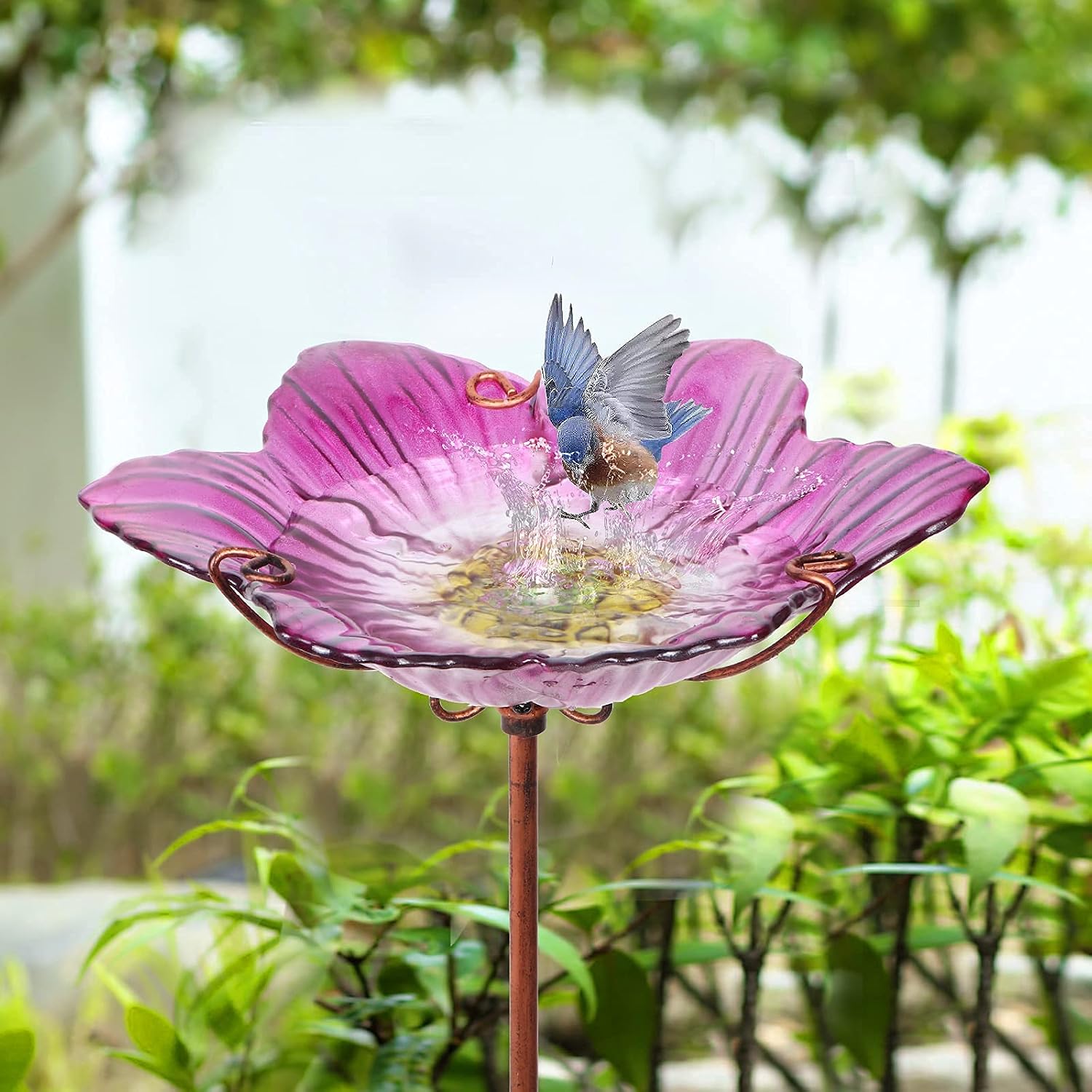 26" Glass Bird Bath, Outdoor Birdbath Bird Feeder Green Flower Metal Stake