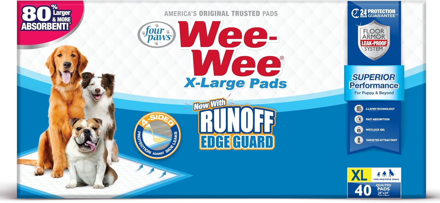 Four Paws Wee-Wee Superior Performance X-Large Dog Pee Pads, 40 Count | Puppy & dog potty training pads, housebreaking supplies, xl puppy pads, pet supplies, 24-hour floor protection, 28" x 34"