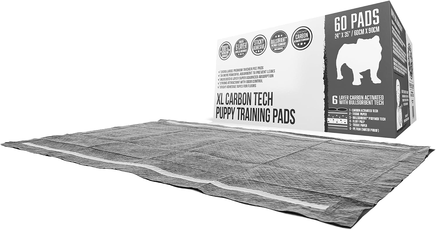 Bulldoglogy 50-Count Carbon Black Dog Pads Puppy Training Pads with Adhesive Tape 24x24 - Large Charcoal Puppy Pads Dog Training Wee Pads, Odor Control Thick Pee Pads for Dogs Extra Quick Dry