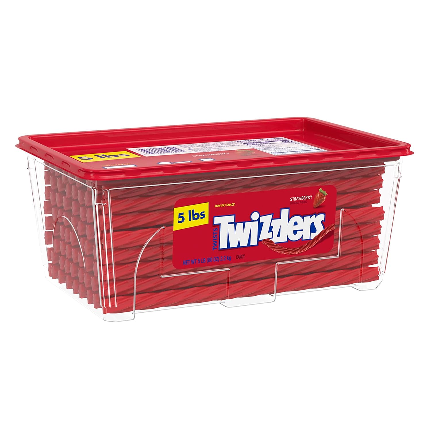 TWIZZLERS Twists Strawberry Flavored Licorice Style Candy Tub, 5 lb | Bulk Candy, Low Fat and Kosher, Resealable Tub for Parties