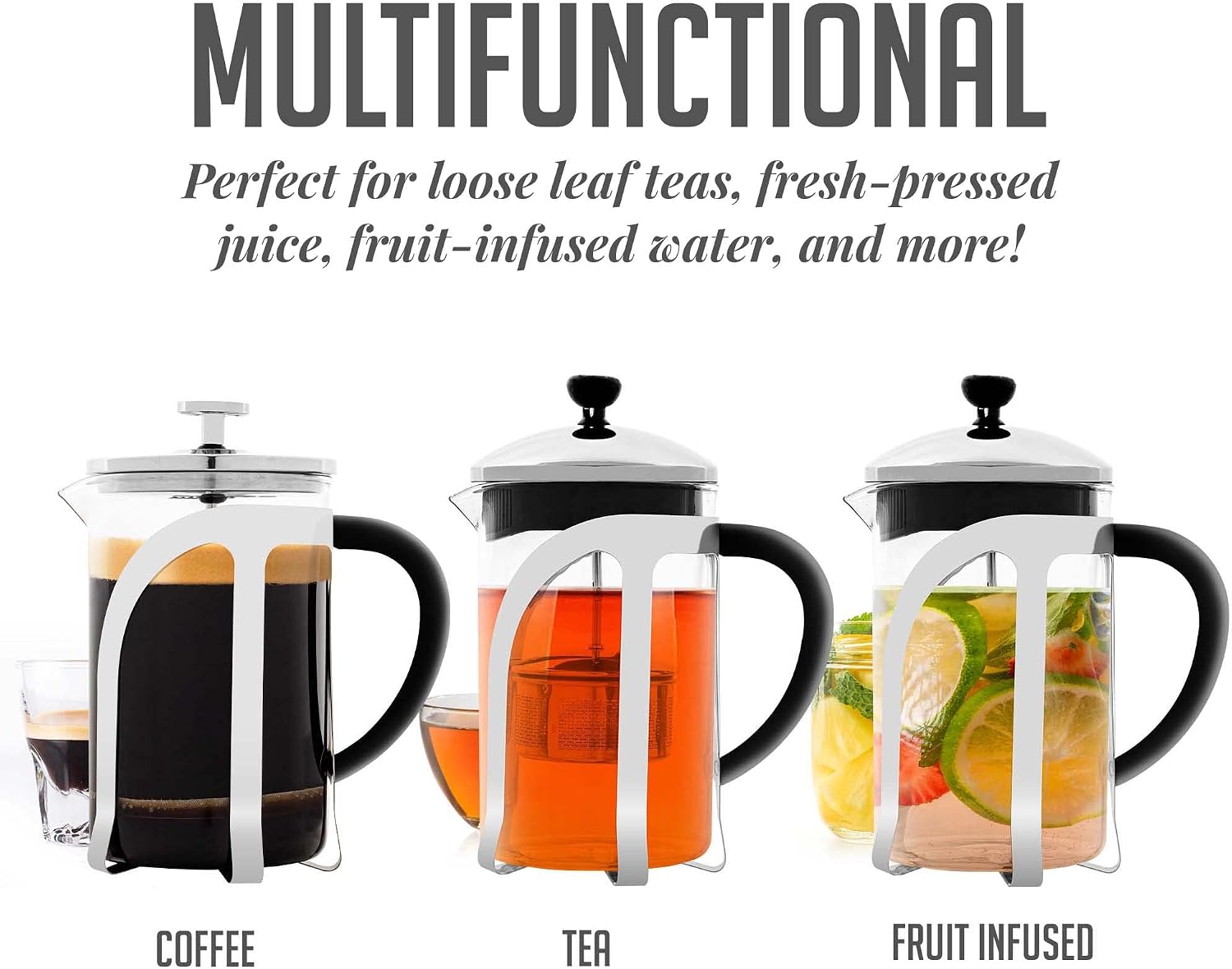 OVENTE French Press Coffee Maker, 34oz BPA-Free Cold Brewer, Clear FGC34T | Heat Resistant Borosilicate Glass, 4-Level Filter System, Stainless Steel Plunger, Cafetera Tea Pot for Kitchen Travel Gifts