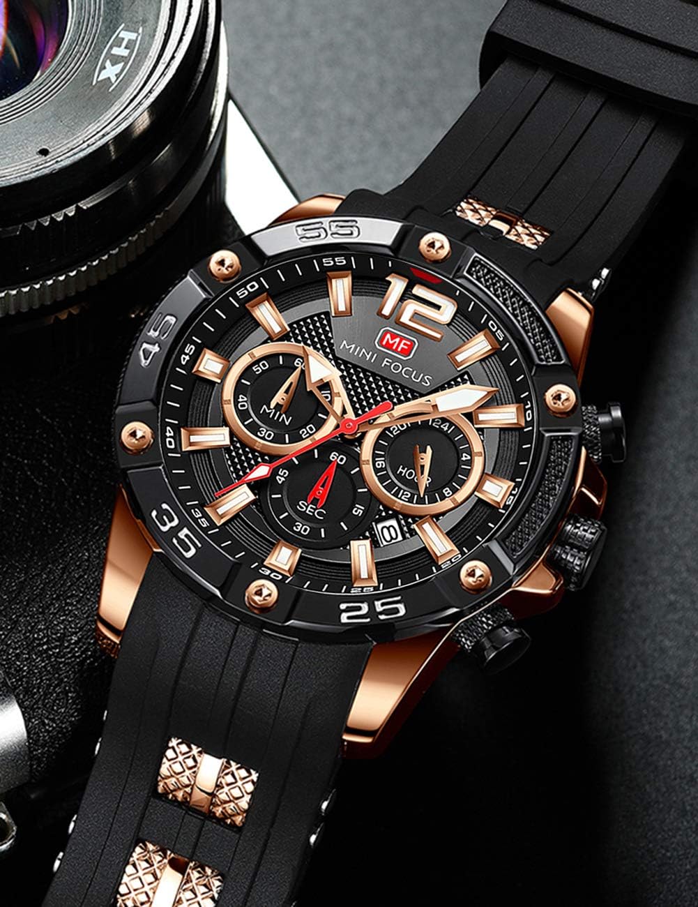 MF MINI FOCUS Men Watch, Chronograph Waterproof Sport Analog Quartz Watches Blue Silicon Strap Fashion Wristwatch for Men