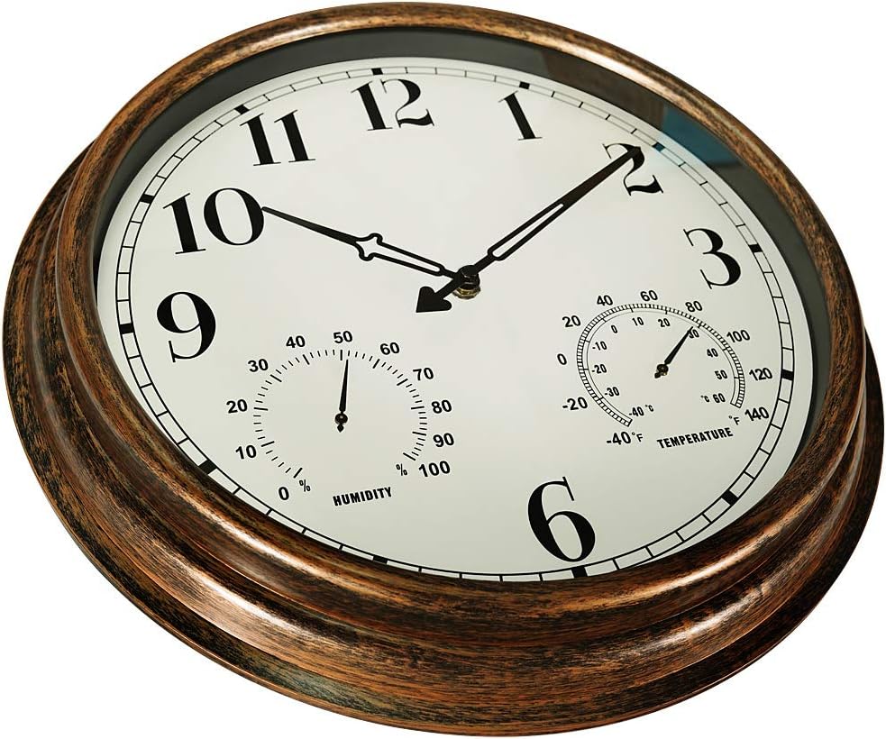 16 Inch Large Outdoor Wall Clock, Waterproof Vintage Non-Ticking Clock with Thermometer and Hygrometer Combo