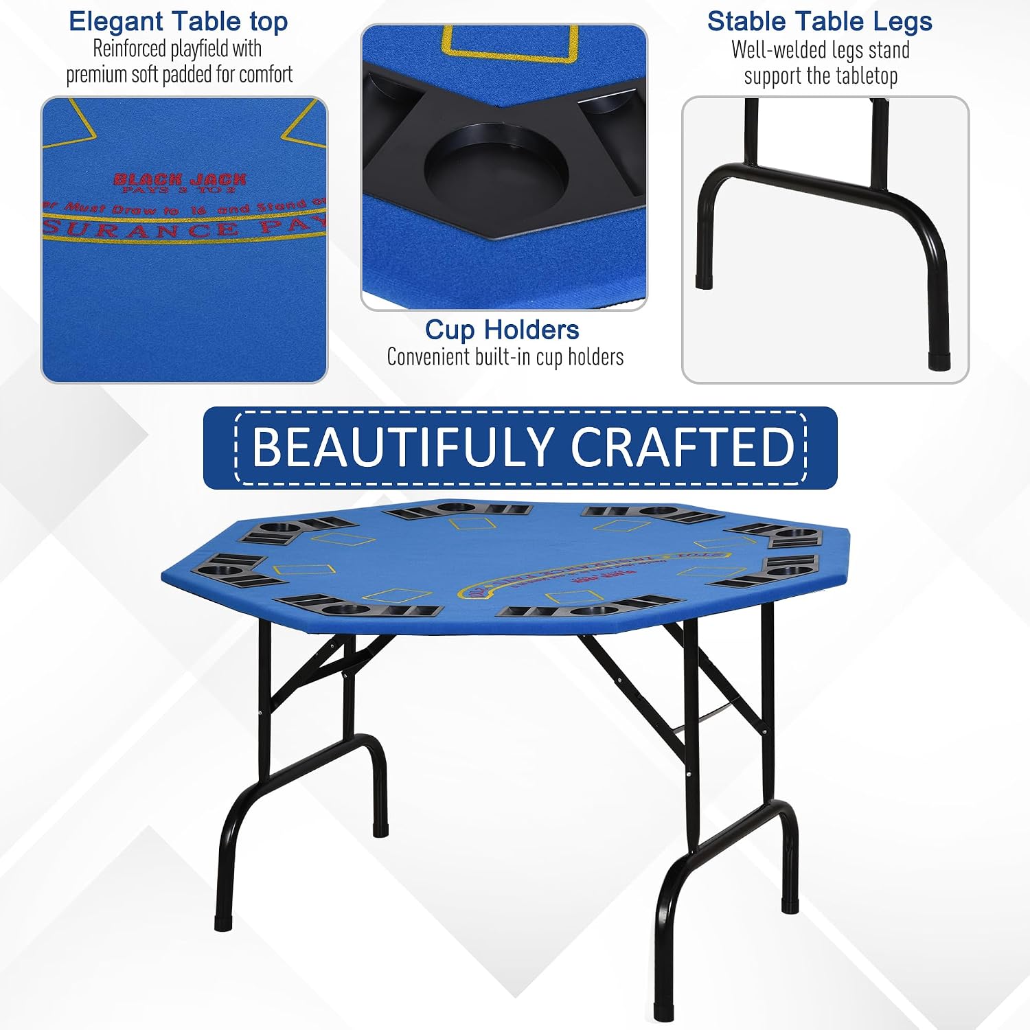 Soozier Poker Table Foldable 47" Octagon 8 Players Cup Holders Blue Felt