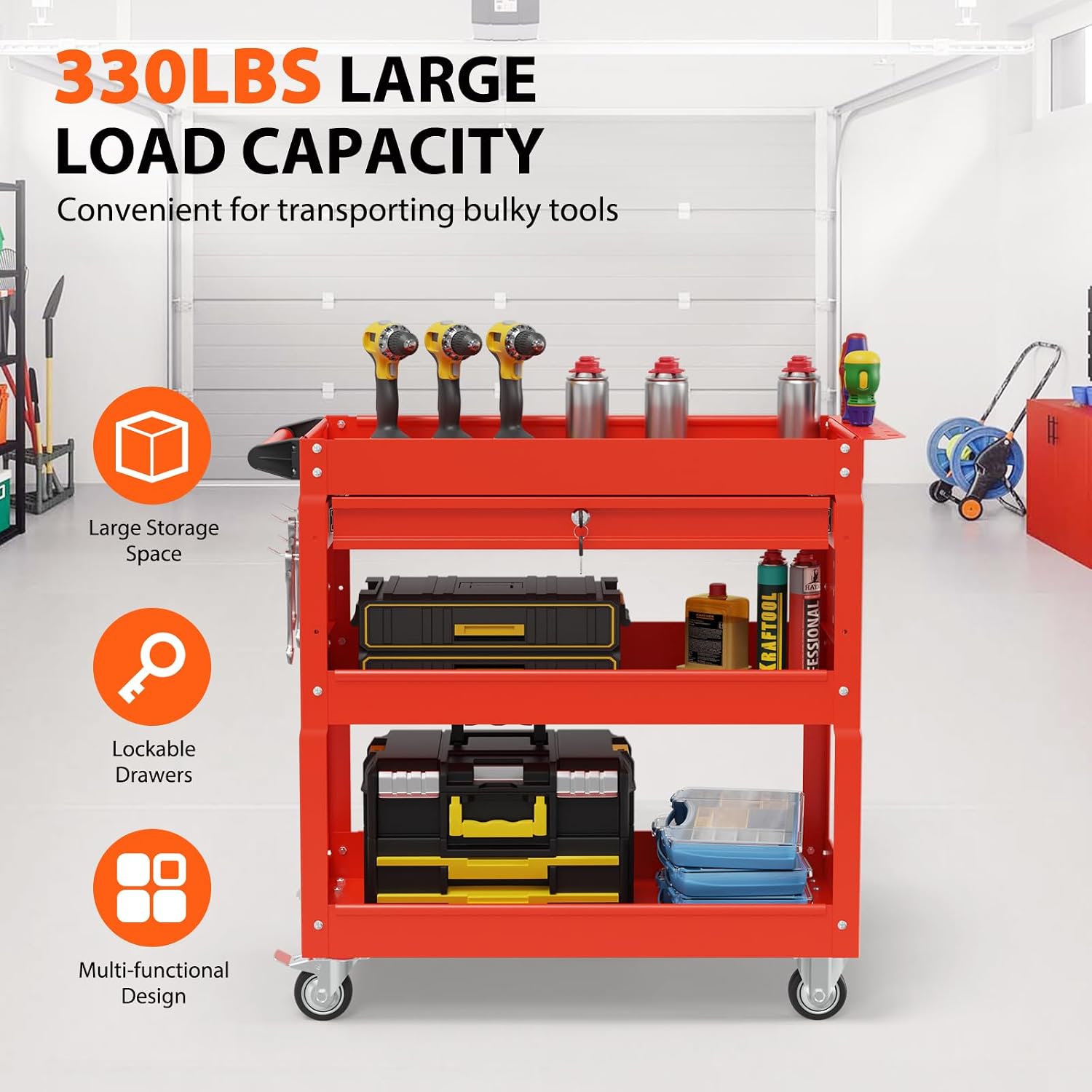 3-Tier Heavy Duty Utility Cart on Wheels, Rolling Tool Cart on Wheels with a Drawer, 350 Lbs Load Capacity Service Cart for Warehous, Garage and Repair Shop (Black)