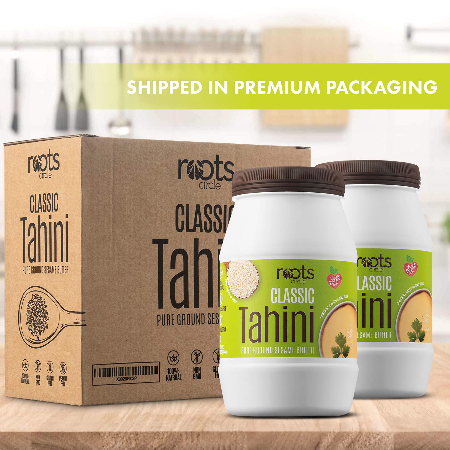 Roots Circle All-Natural Sesame Tahini Paste | 100% Pure Rich & Creamy Ground Sesame Seed Paste for Hummus, Tahini Sauce, Dressing & Dips | Vegan, Kosher | Non-GMO, Gluten & Peanut-Free | 2 Jars 16 Oz