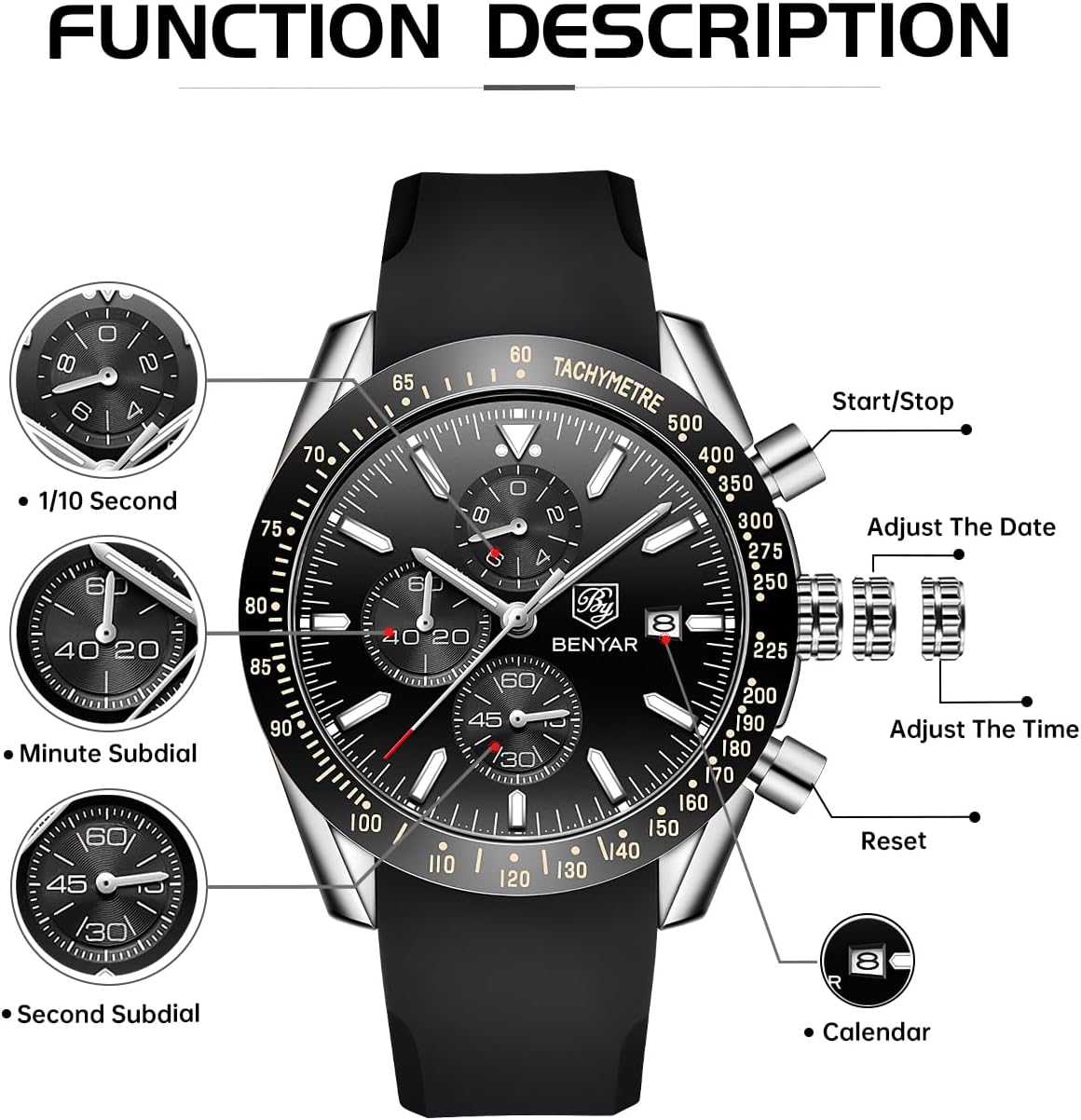 BENYAR Watch for Men Analog Quartz Chronograph Waterproof Luminous Designer Mens Wrist Watches Business Work Sport Casual Dress Watch with Silicone Strap Elegant Gifts for Men