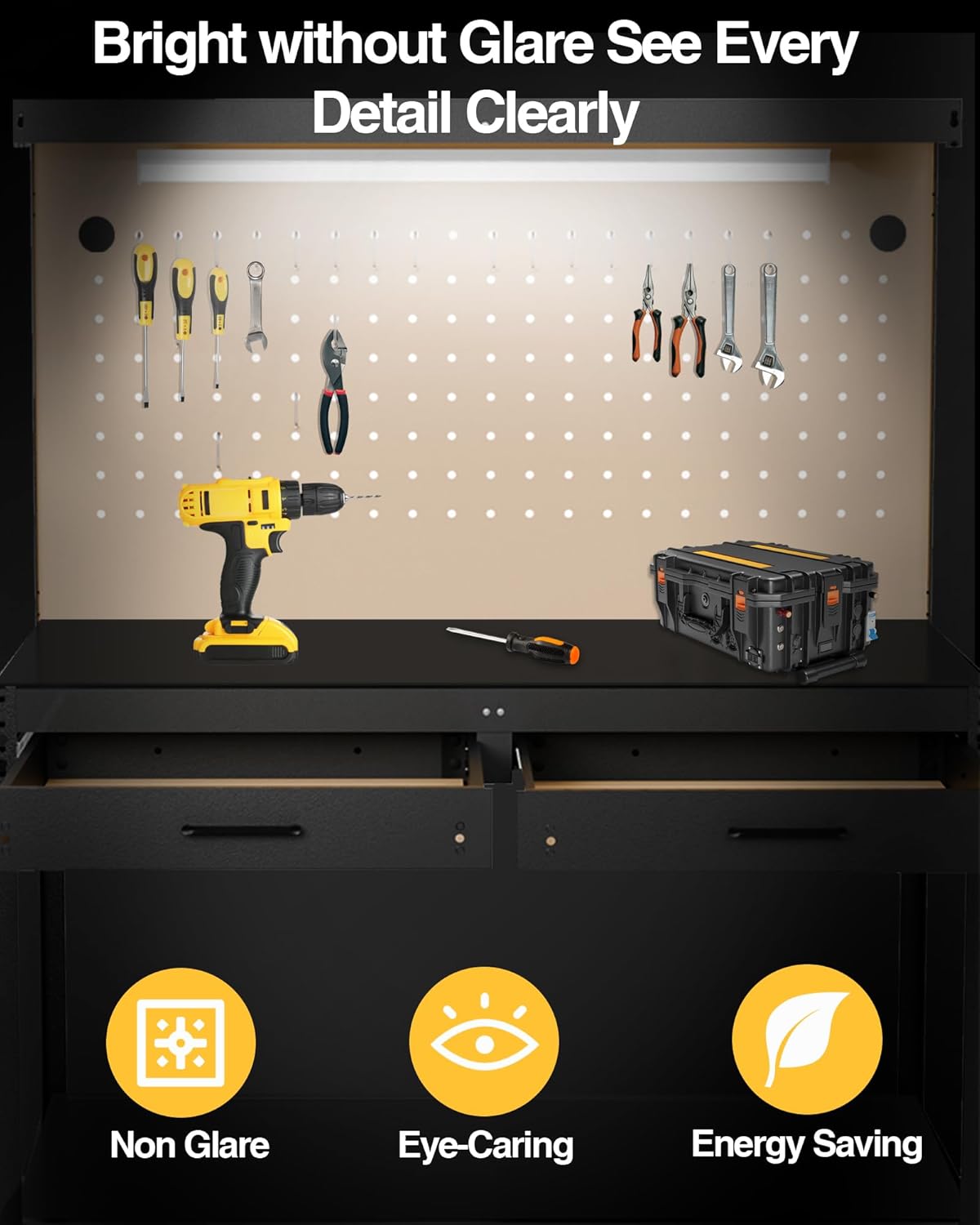 Pterying Work Benches for Garage, 3-Tier, A3 Steel | For Garage, Workshop & Basement, 2 Drawers, 4 AC Outlets, 2 USB Ports, Pegboard, 12 Hooks