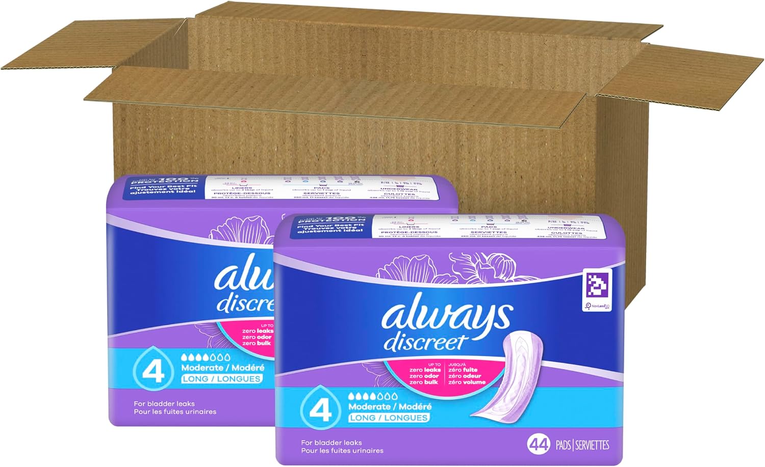 Always Discreet Adult Incontinence Pads for Women, Drier, 4 Drop Long Length, Moderate Absorbency, Pads for Bladder Control Management, Bladder Leaks, & Postpartum Pads, 54ct
