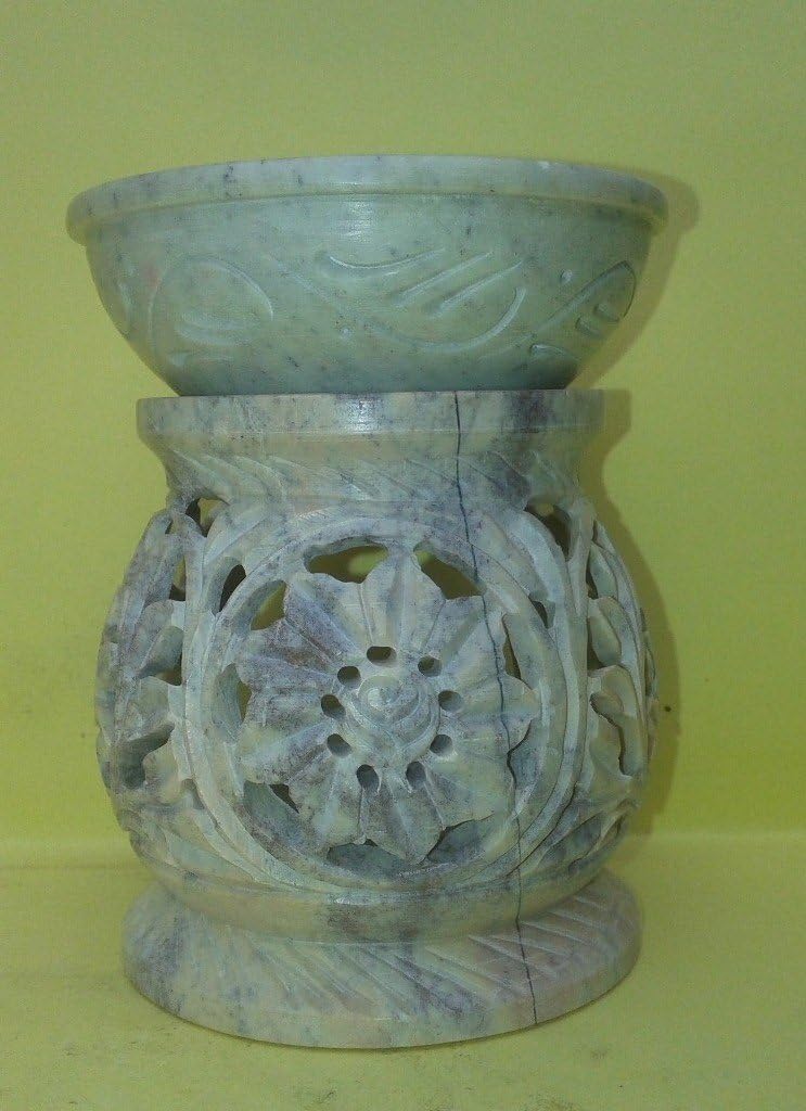 Soapstone Aroma Burner Oil Diffuser Lamp 4" Inch Hand Carved Oil Diffuser Burner Tea Light Holder Leaves Design Handcrafted, Meditating