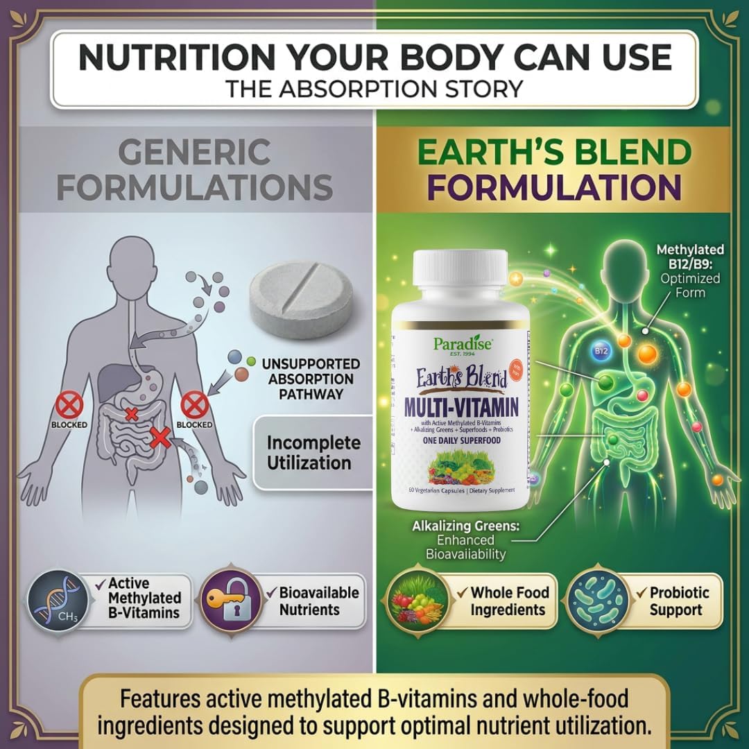 Paradise Herbs & Essentials Once Daily Multivitamin Iron 60 Capsules | Organic superfoods, probiotics, and vitamins A, B12, C, D, K2 in a dietary supplement for immune and bone support.