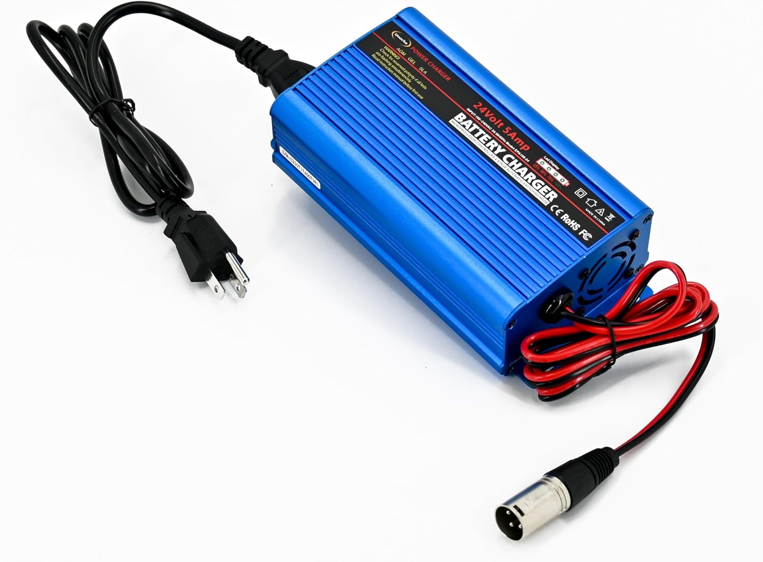 Unocho 24V 5A Battery Charger Maintainer 4-Stage Smart Lead-Acid Charger with 3-Pin XLR Connector Power Switch and LED Display for Wheelchairs Mobility Scooters AGM Gel SLA VRLA