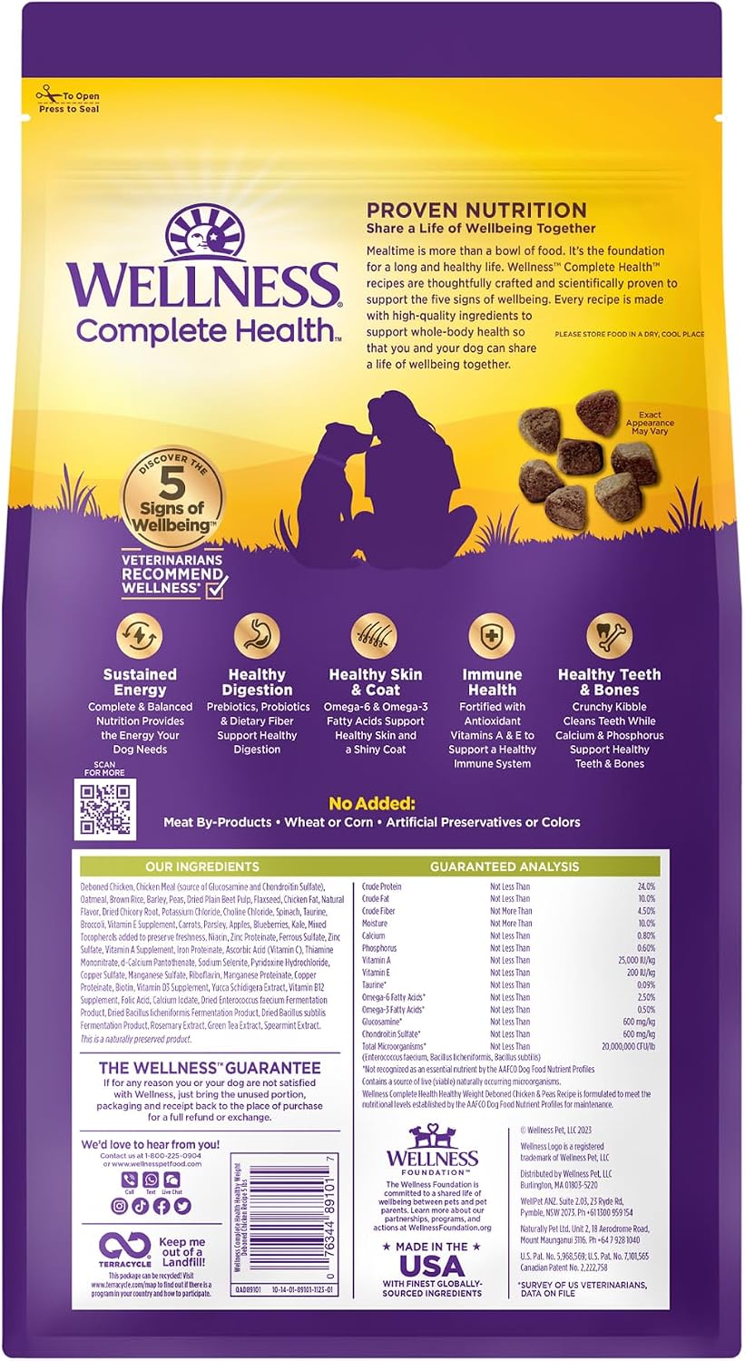 Wellness Complete Health Adult Dry Dog Food, Wholesome Grain Kibble, Natural, Chicken and Oatmeal Recipe, 5 lb Bag