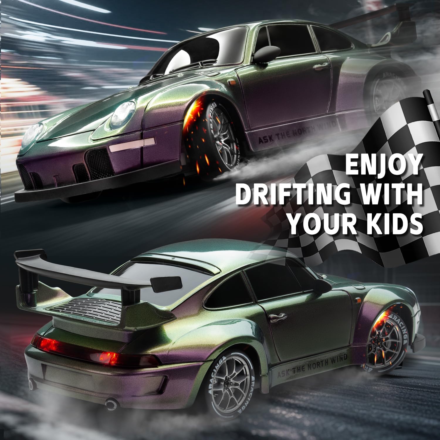 RC Drift Car Purple Racing Livery 1/24 Remote Control Car for Adult | 20KM/H 4WD Low/High Speed RC Cars with LED Lights, Extra Drifting Tires, Vehicle for Kids Boys Girls Beginners Indoor Outdoor