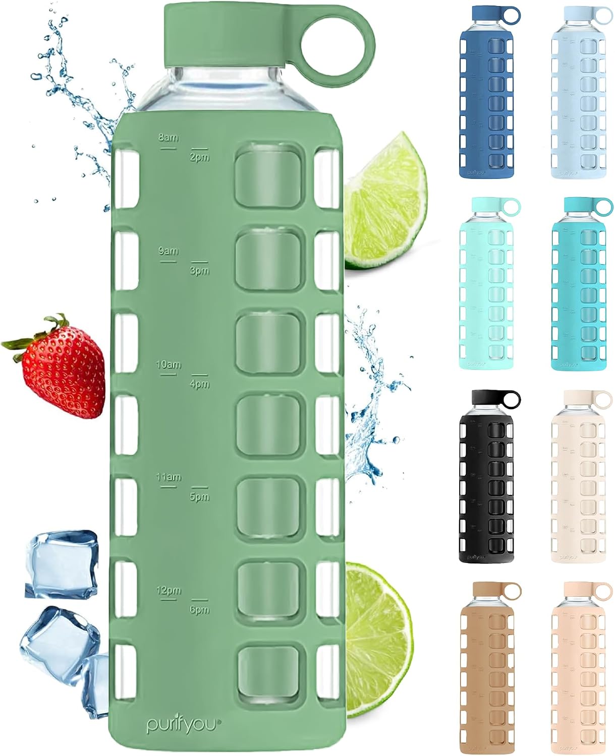 purifyou 40oz / 32oz / 22oz / 12oz Borosilicate Glass Water Bottle with Time & Volume Markers, Silicone Sleeve