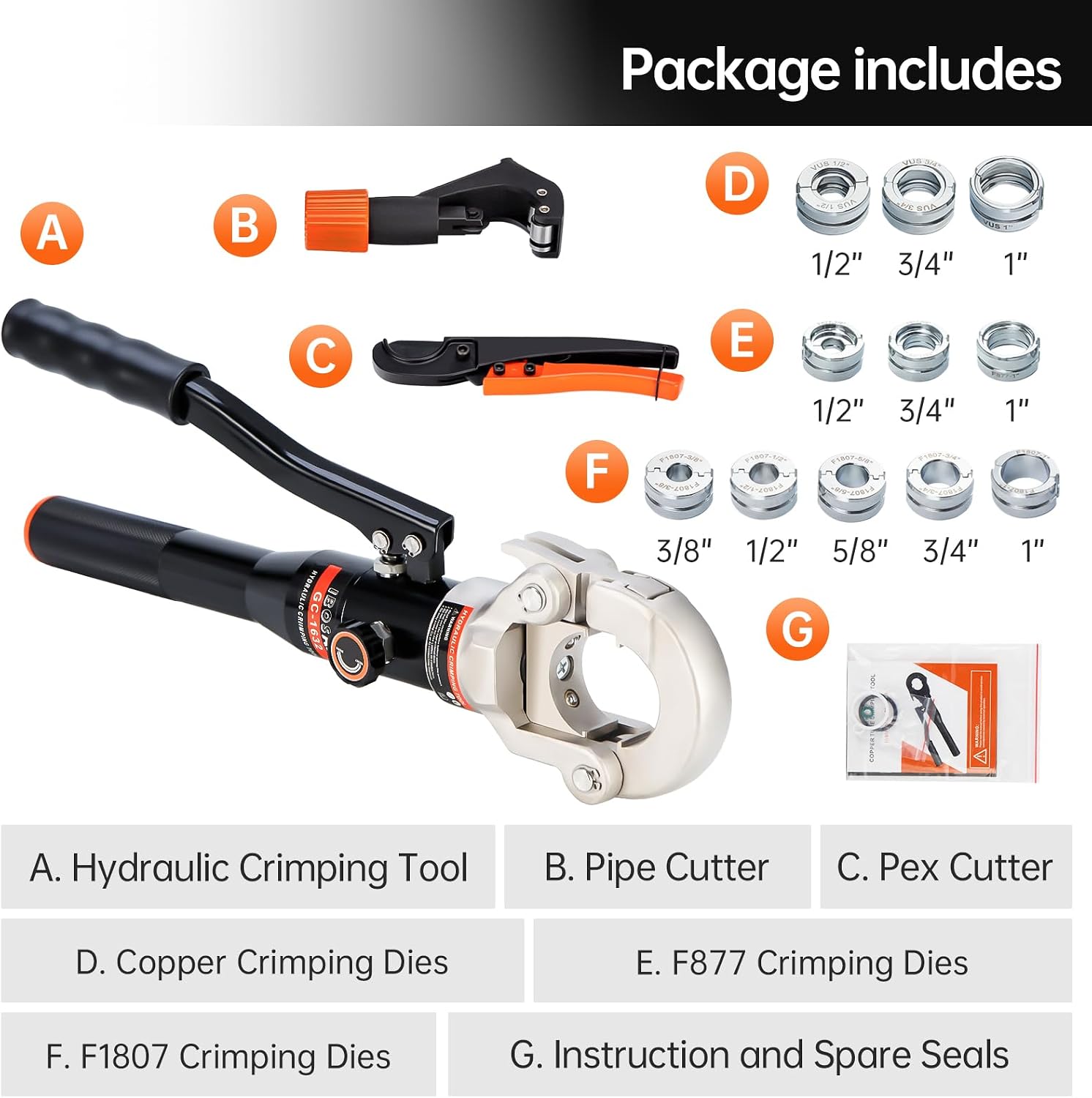 Copper Tube Fittings Hydraulic Pipe Crimping Tool with 1/2",3/4" and 1" Jaw Copper Pipe Press Crimper Pressing Pliers, with Pipe Cutter