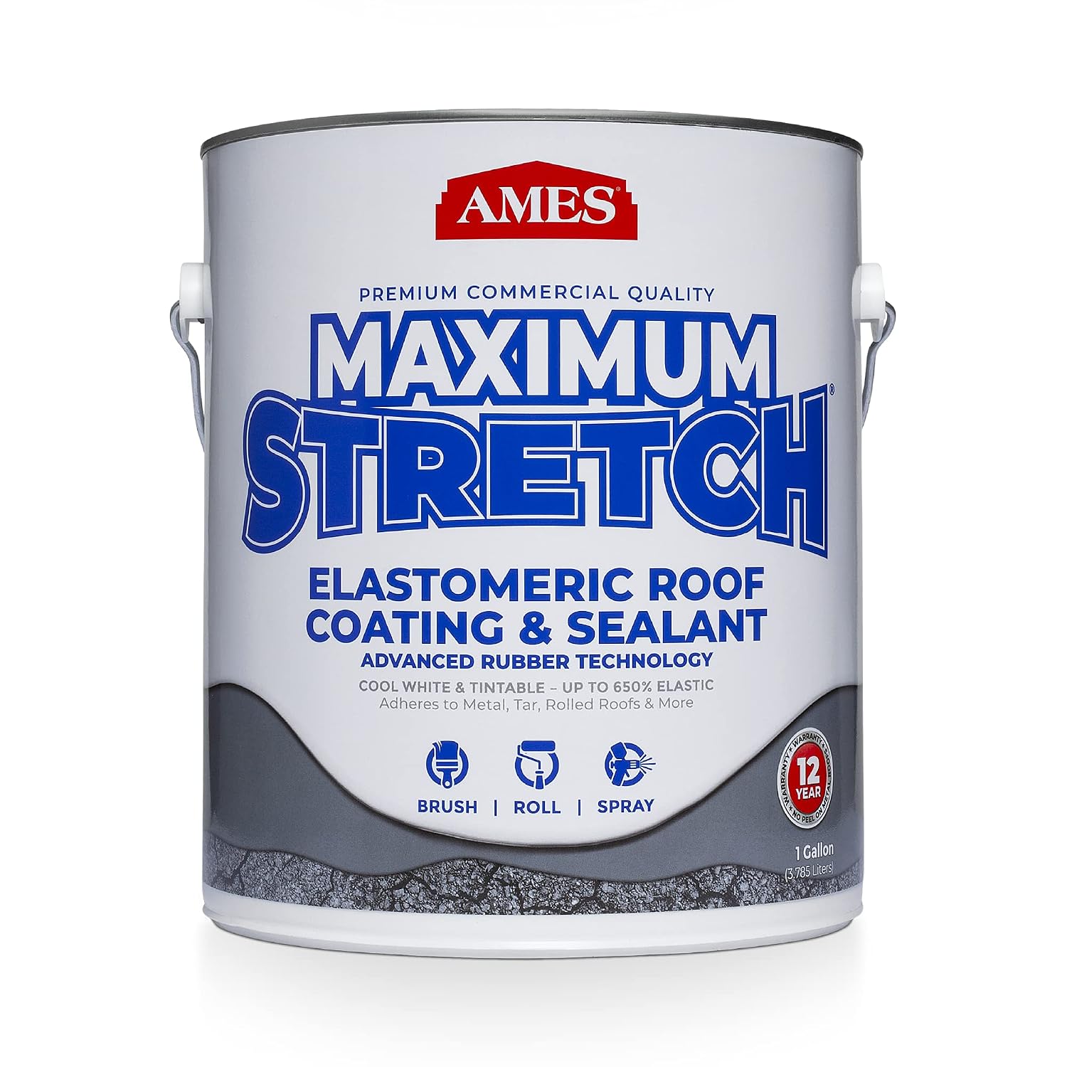 Ames Maximum Stretch - Waterproof Sealant Membrane - Perfect For Roofing, Repairs, Concrete, EPDM & Wood - Liquid Rubber Sealer - Up To 650% Elastic - Made in USA, White, 4.6 Gallon (Pack of 1)