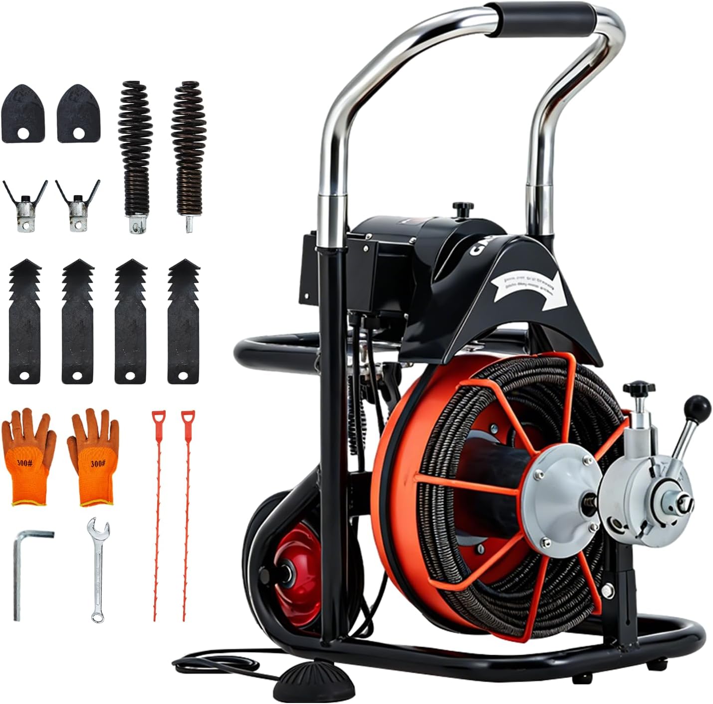 100FT x 3/8 Inch Drain Cleaning Machine with 10 Cutters & Air-Activated Foot Switch, Auto Feed Drain Snake Auger on Wheels