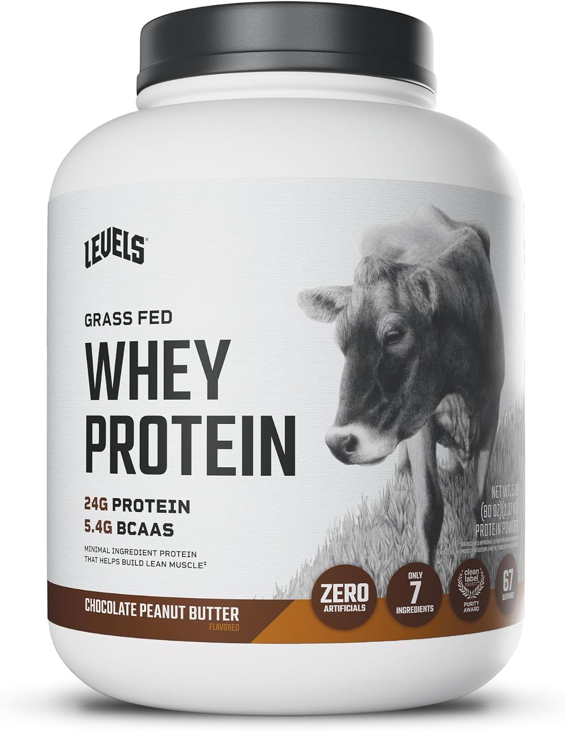 Levels Whey Protein Powder, No Artificial Ingredients, Pure Chocolate, 5LB | 24G of Protein, 5.4G BCAAs, Clean Ingredients, Hormone Free Dairy, No Fillers, No Added Sugar, No Junk