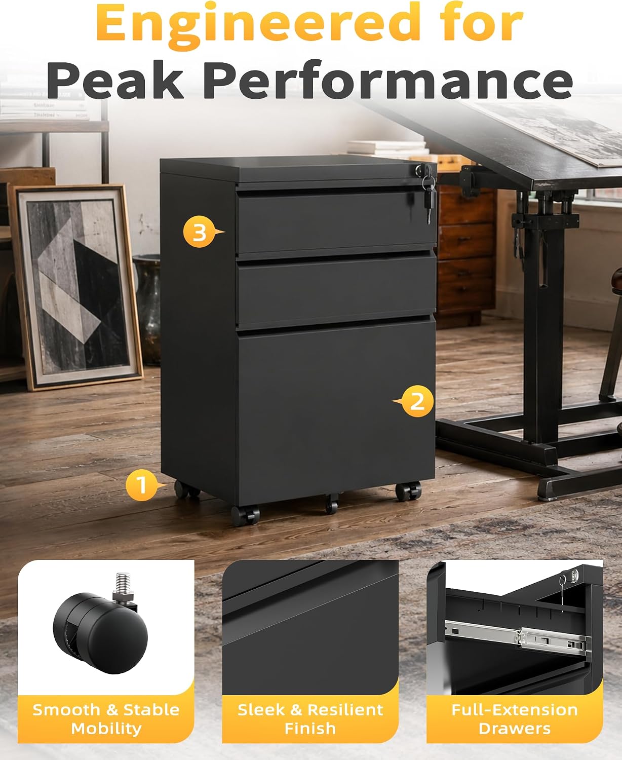 3 Drawer Mobile File Cabinet with Lock, Under Desk Metal Filing Cabinet for Letter/Legal/A4 Size, Fully Assembled Except Casters, Rolling Office Organizer for Home Office, Black