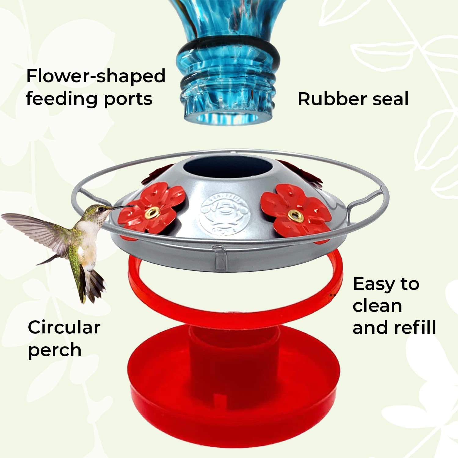 Hummingbird Feeder by Grateful Gnome - Large Hand Blown Stained Glass Feeder for Garden, Patio, Outdoors, Window with Accessories S-Hook, Ant Moat