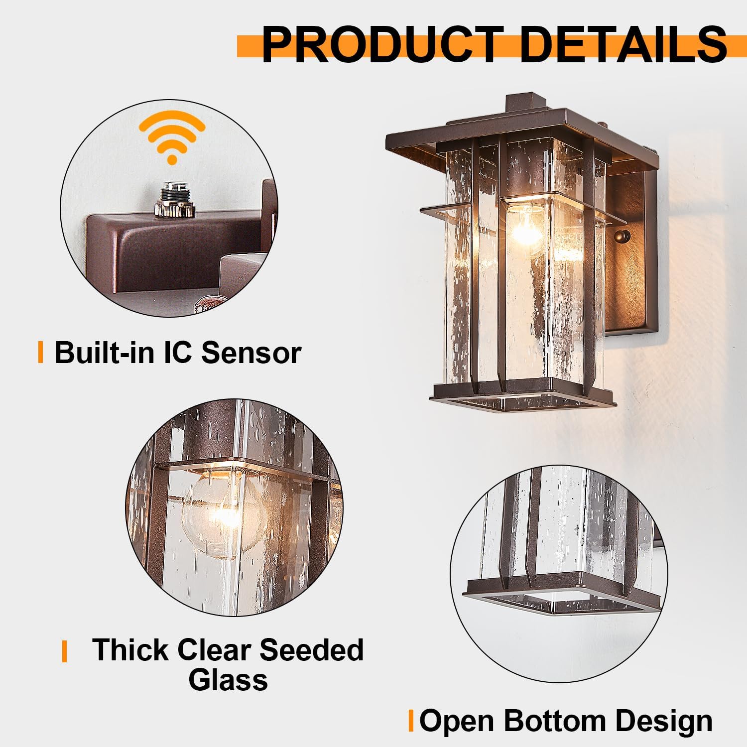 Rustic Dusk to Dawn Outdoor Wall Light Fixture 13.8"H Waterproof Exterior Wall Sconces Black Metal with Seeded Glass Sensor Outdoor Wall Lantern for