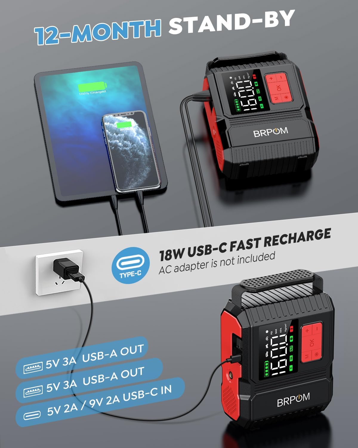 Car Jump Starter with Air Compressor, 9000A Peak 26800mah (Up to All Gas or 12.0L Diesel Engine