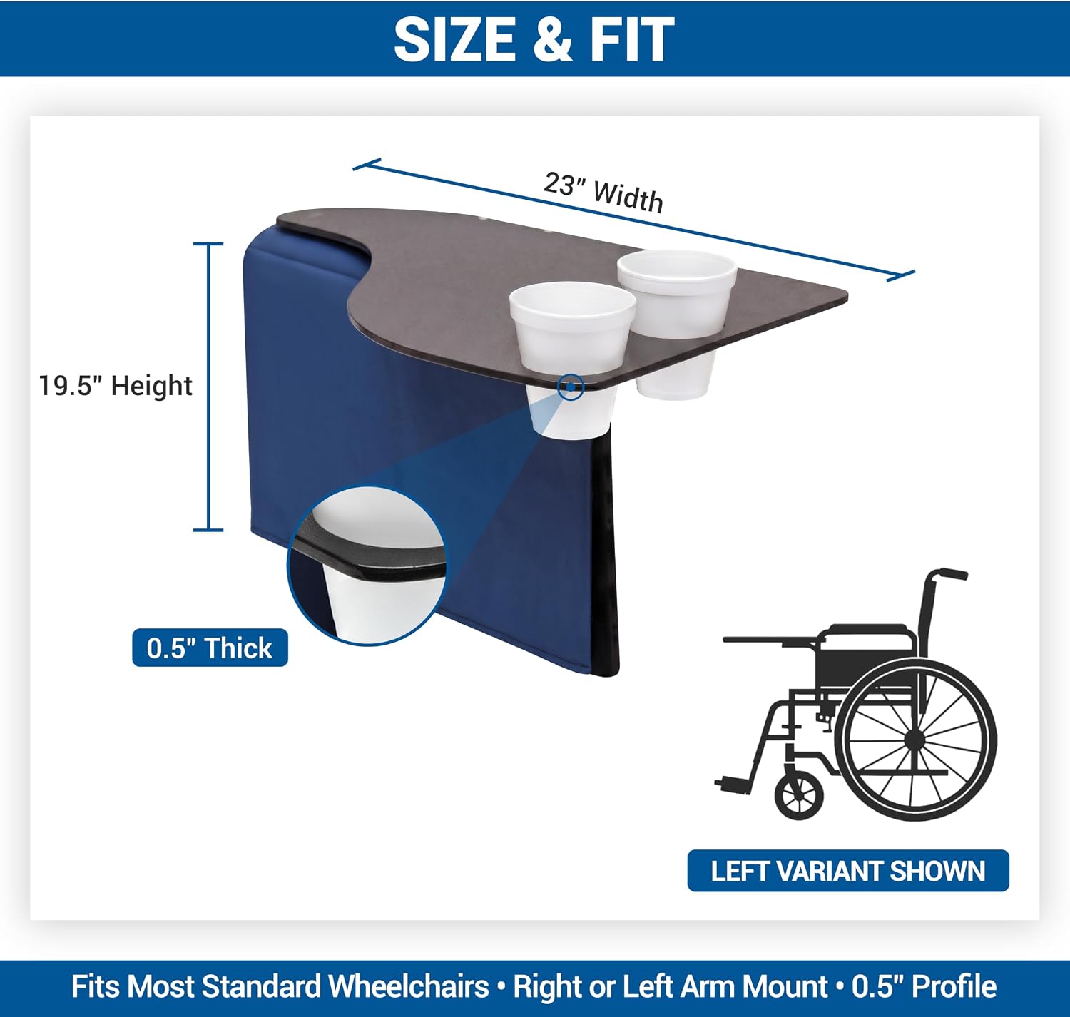 Skil-Care Left Side Wheelchair Flip Tray, 23"W x 19.5"D, Scratch-Resistant | 705032, Scratch-Resistant Surface, Two Cup Holders, Convenient Flip-Away Design, Fits All Standard Wheelchair Armrests, Left