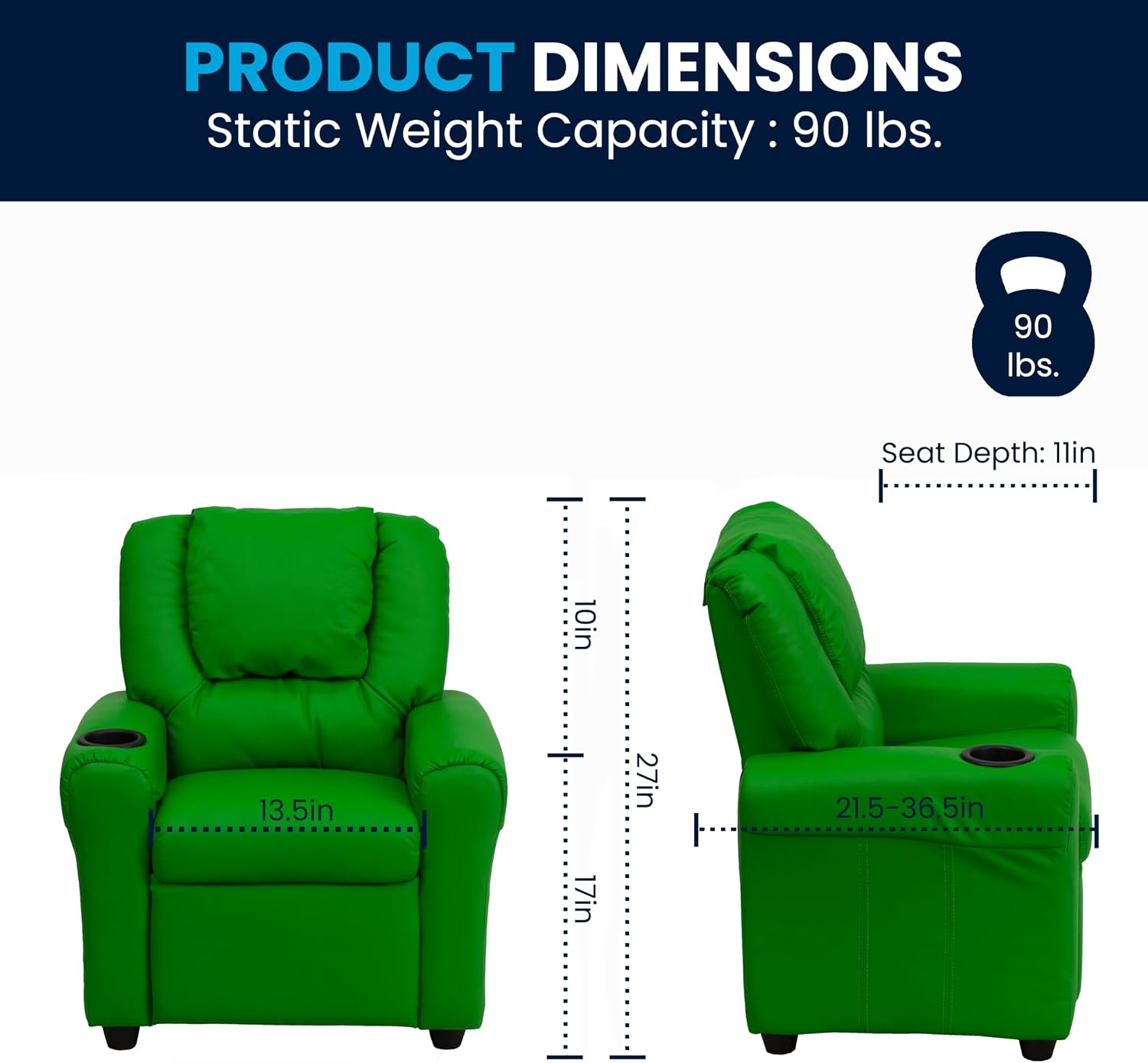 Flash Furniture Vana LeatherSoft Kids Recliner with Cup Holder, Headrest, and Safety Recline, Contemporary Reclining Chair for Kids, Supports up to 90 lbs., Brown | Manual Recline, Padded Seat and Back, Child-Friendly Design, Safety Recline Feature