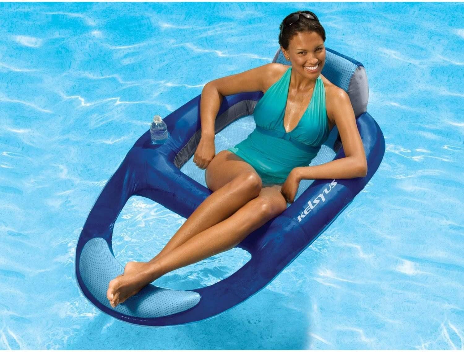 Kelsyus Spring Float Pool Lounger Chair, Light Blue | Fast Inflation for Immediate Use During Travel, Fits Most Adults and Teens