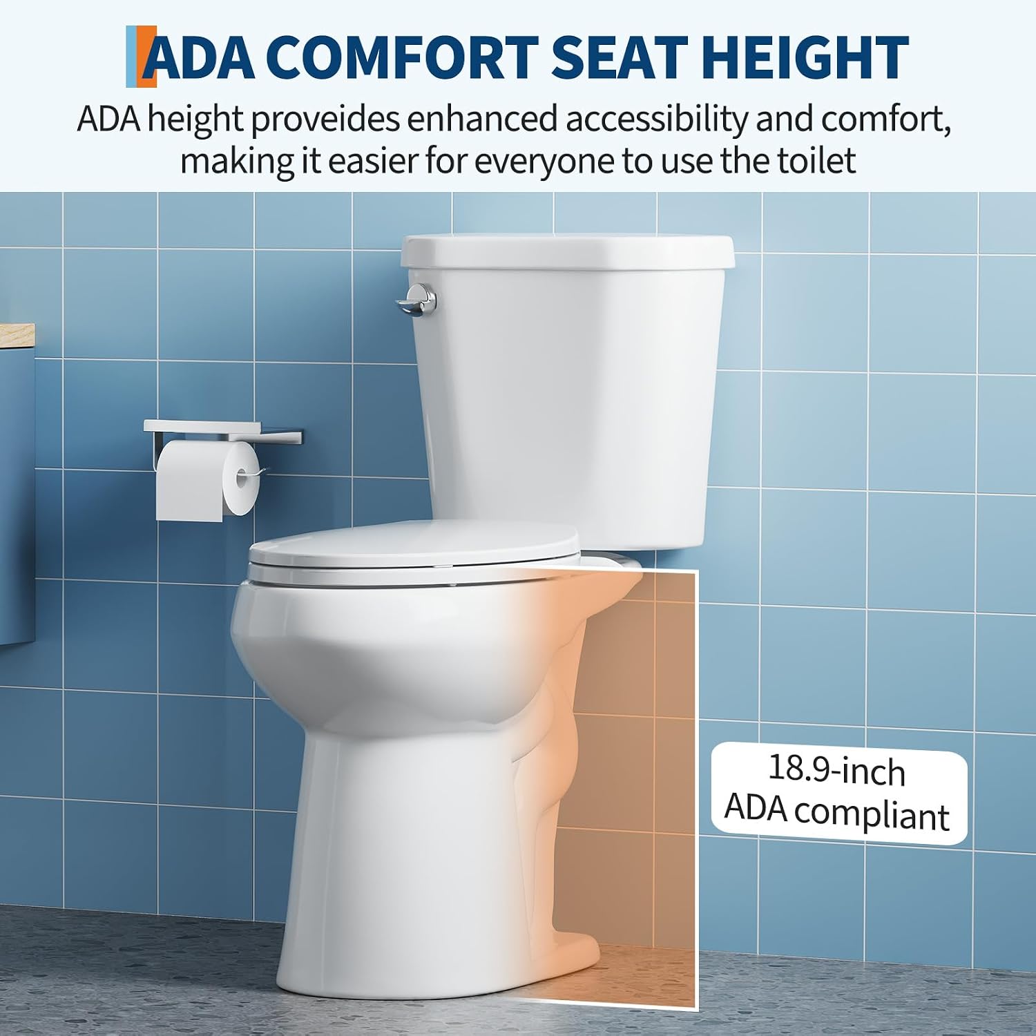 Two-Piece Toilets for Bathrooms, Comfort ADA Toilet with 19" Height, Elongated with Soft Close Seat, Power Flush 1.28 GPF