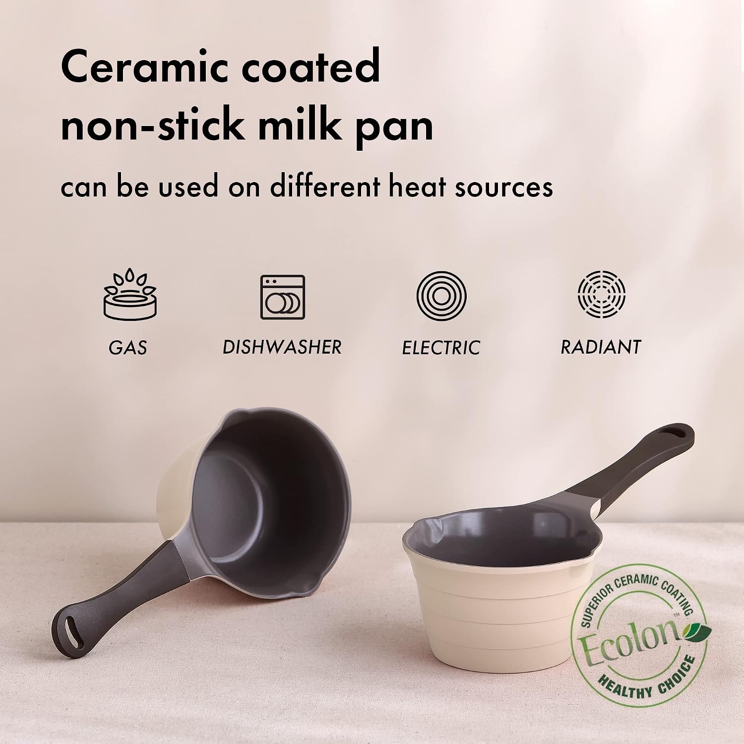 Neoflam 1qt Saucepan Butter Warmer Milk Boiling|Melting Pot, Ecolon Healthy Ceramic Nonstick Coating PFOA-free, 2 Pour Spouts, Dishwasher Safe, Ivory
