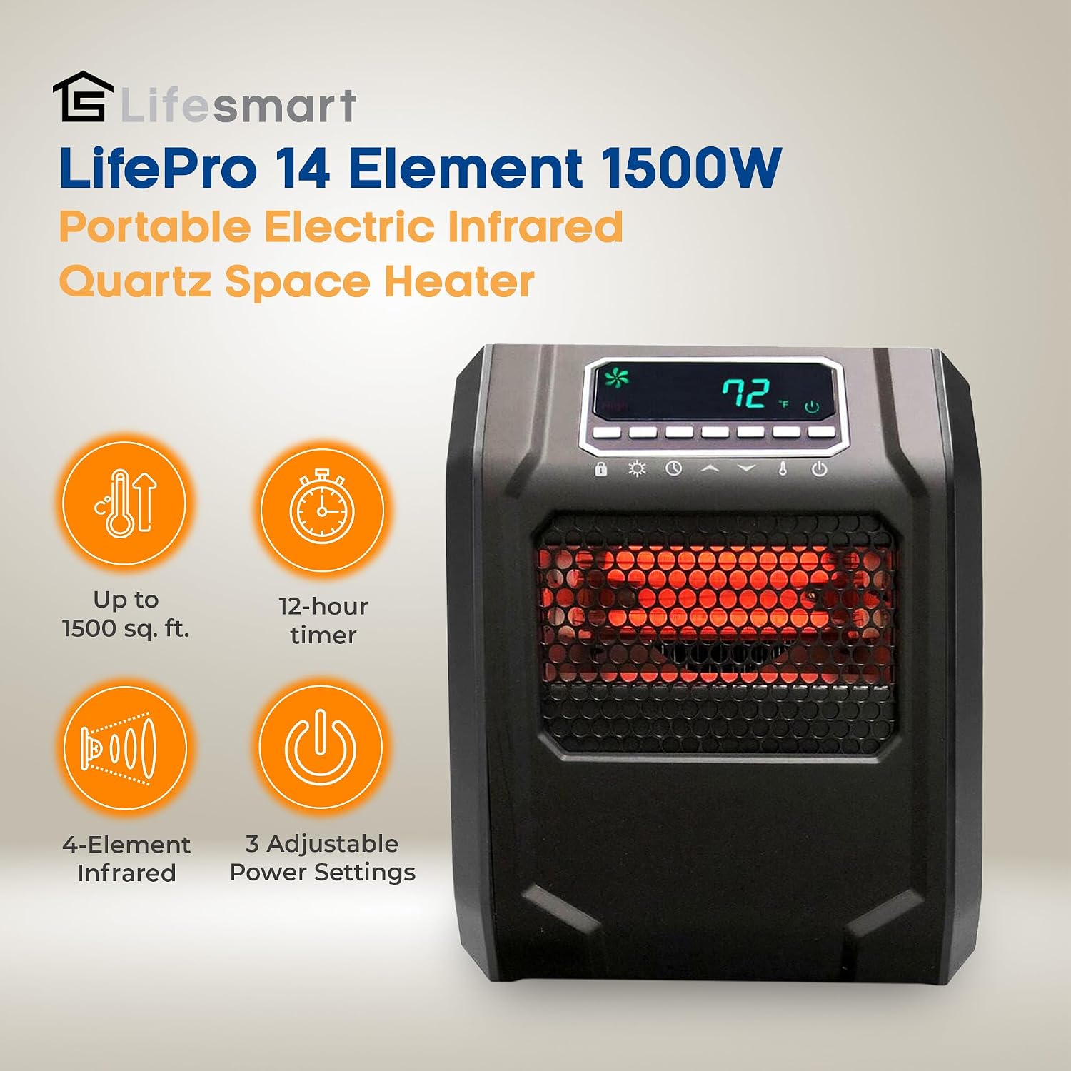 LIFESMART GLOBAL 1500 Watt 4 Element Portable Electric Infrared Quartz Bulb Room Heater for Indoor Use with 3 Heat Settings and Digital Panel - Black