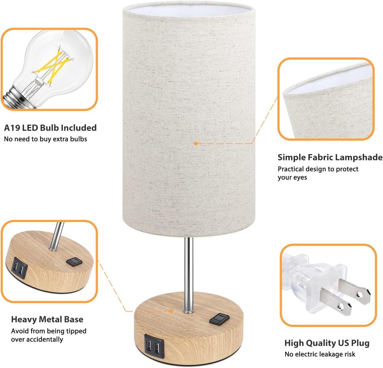 Set of 2 Touch Control Table Lamps with 2 USB Charging Ports&AC Outlet