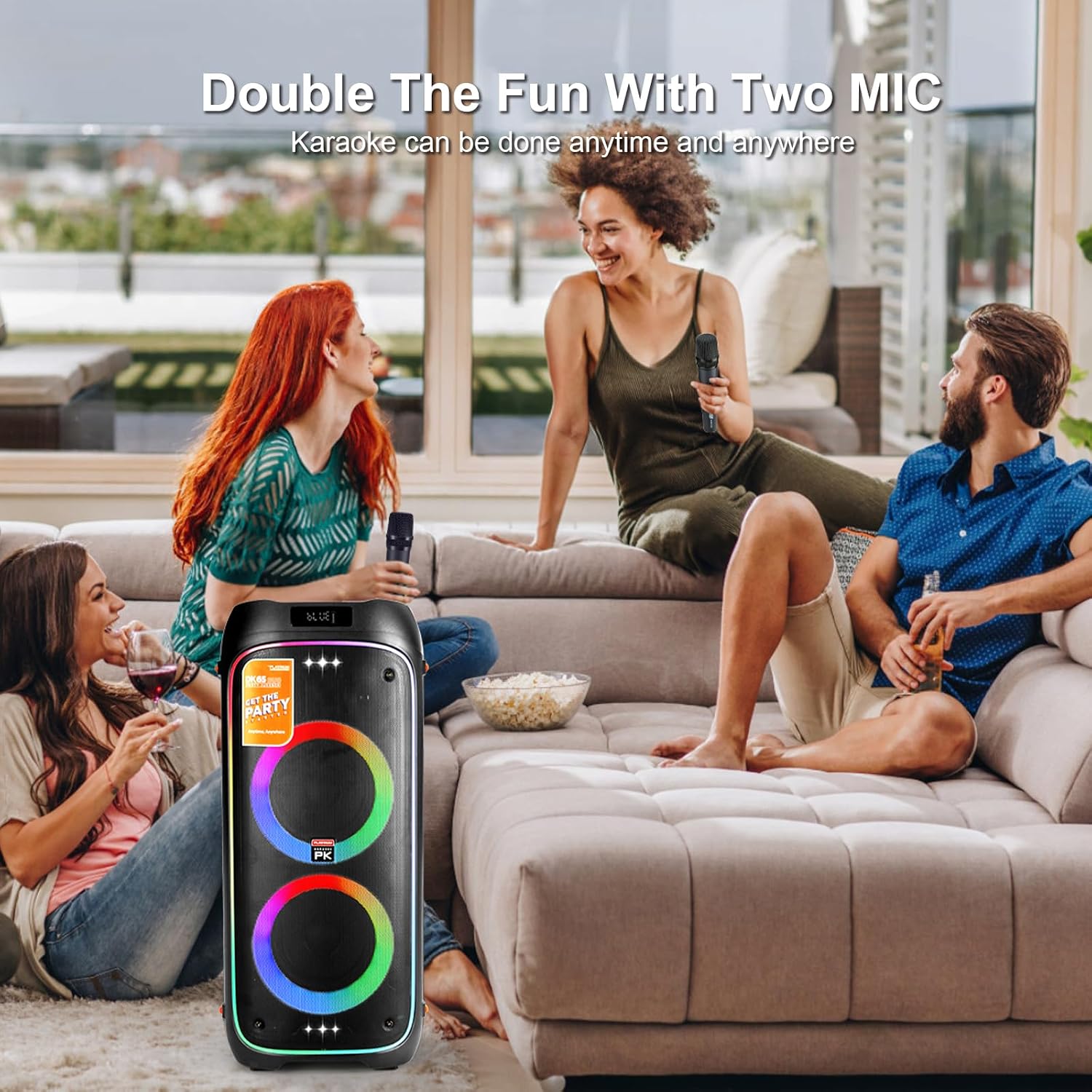 The platiunm DK65 Party Speaker Karaoke Systems for Adults with 2 Wireless Microphone, Bass and Treble Adjustment, with LED Lights, 23K Songs