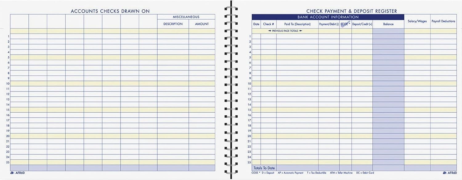 Adams Check Payment and Deposit Register, 8-1/2" x 11", 44 Pages (AFR60), White