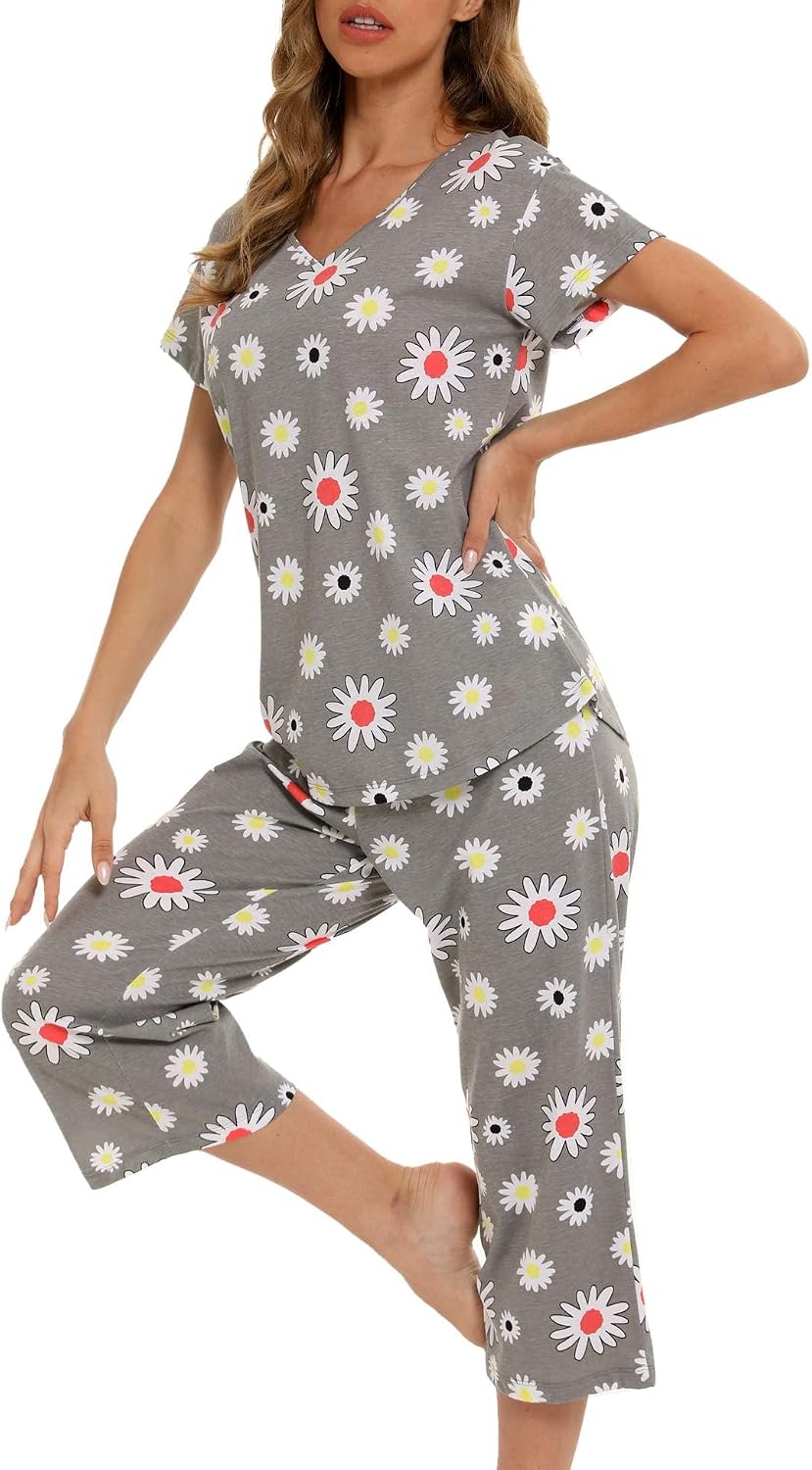 ENJOYNIGHT Womens Pajama Set Cotton Summer Pj Top with Capri Pant Sleepwear