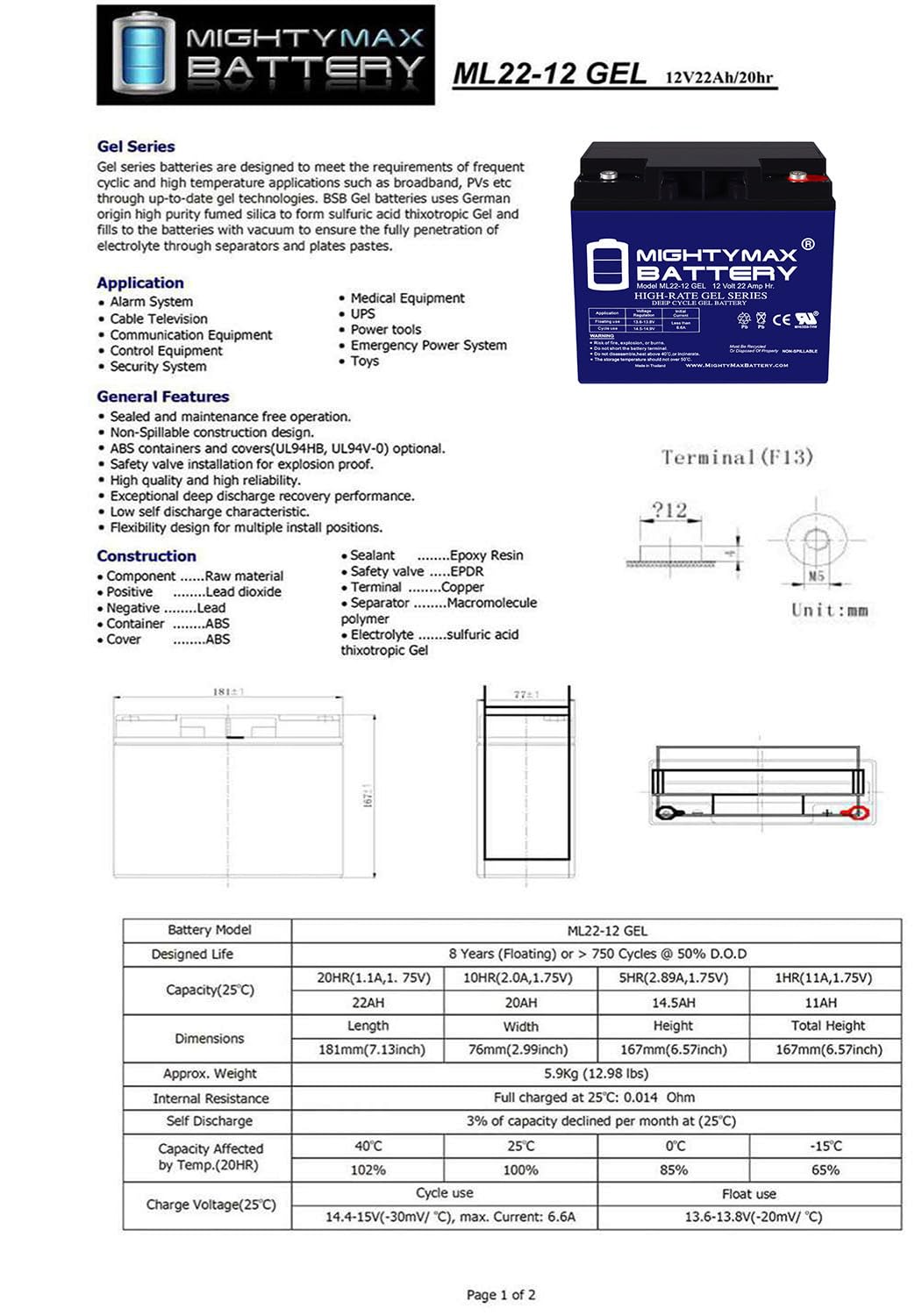 Mighty Max Battery 12V 22AH Gel Battery Replaces Enduring 6FM22, 6-FM-22