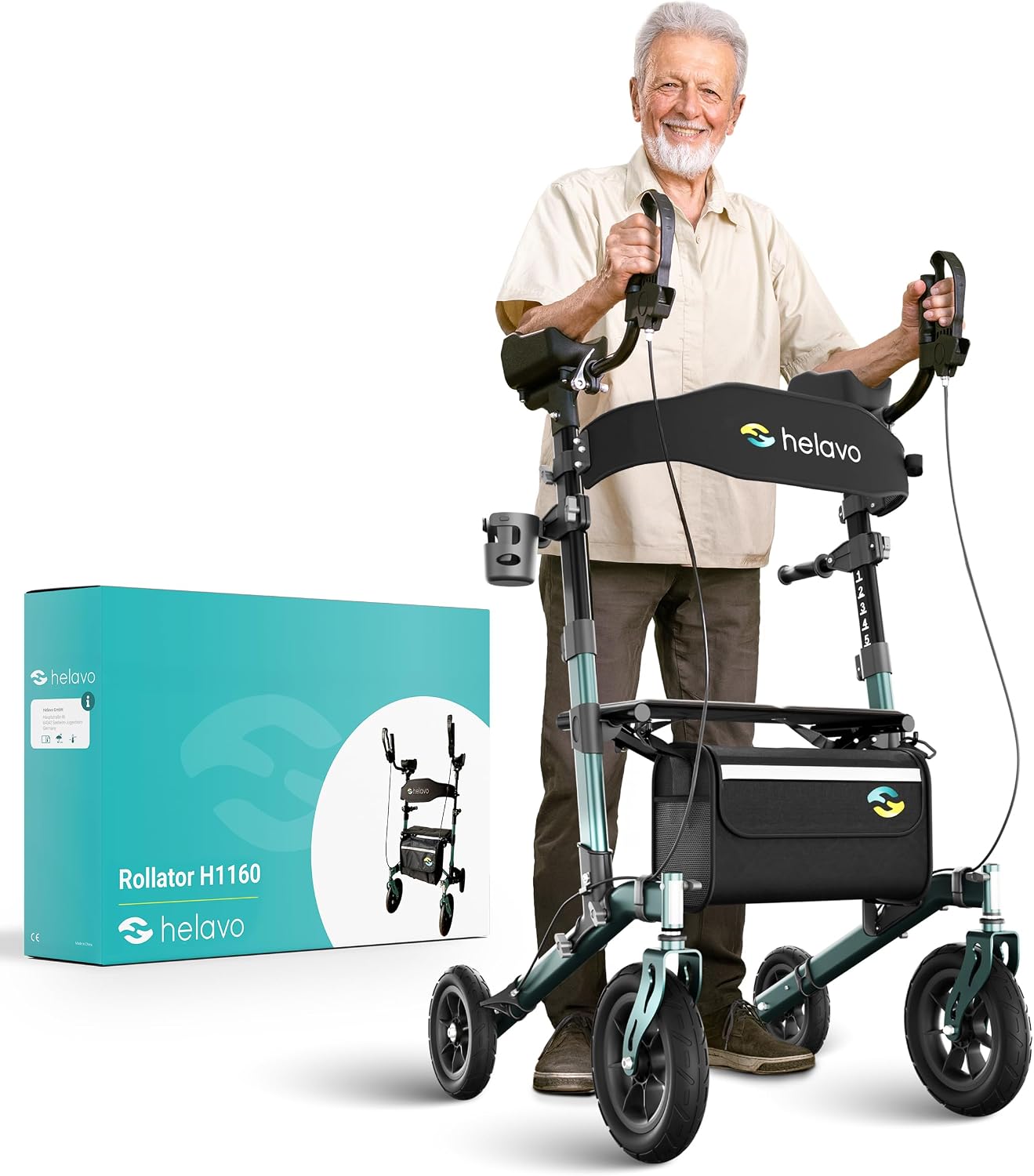 Helavo Upright Walker with Seat, Foldable Stand Up Walker with Rubber Tires | All Terrain Tall Standing Rollator, Padded Armrests, Height Adjustable