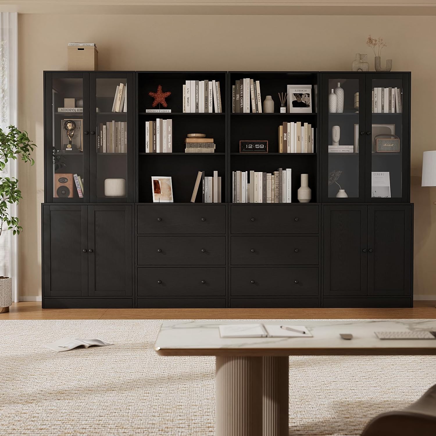 TUSY 71" H Bookcase with Storage | 6-Tier Modern Bookshelf with Drawers, Display Bookcase with Glass Doors, White Curio Cabinet for Home Office, Living Room