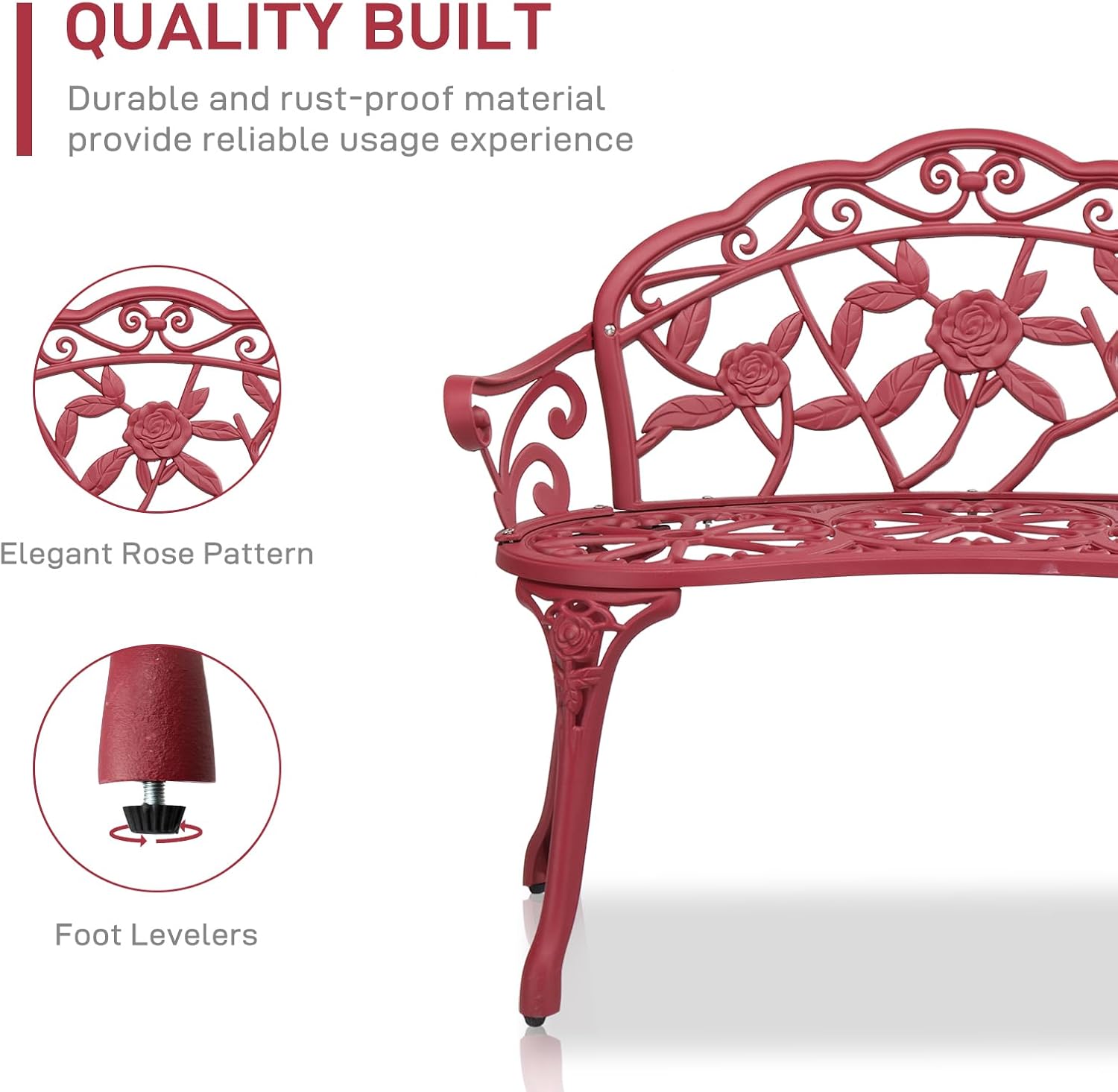 VINGLI 38.5" Patio Park Garden Outdoor Metal Rose Bench, 2-Person Cast Iron Cast Aluminium Frame Antique Finish Chair,Accented Lawn Front Porch Path Yard Decor Deck Furniture (Bronze, Rose)