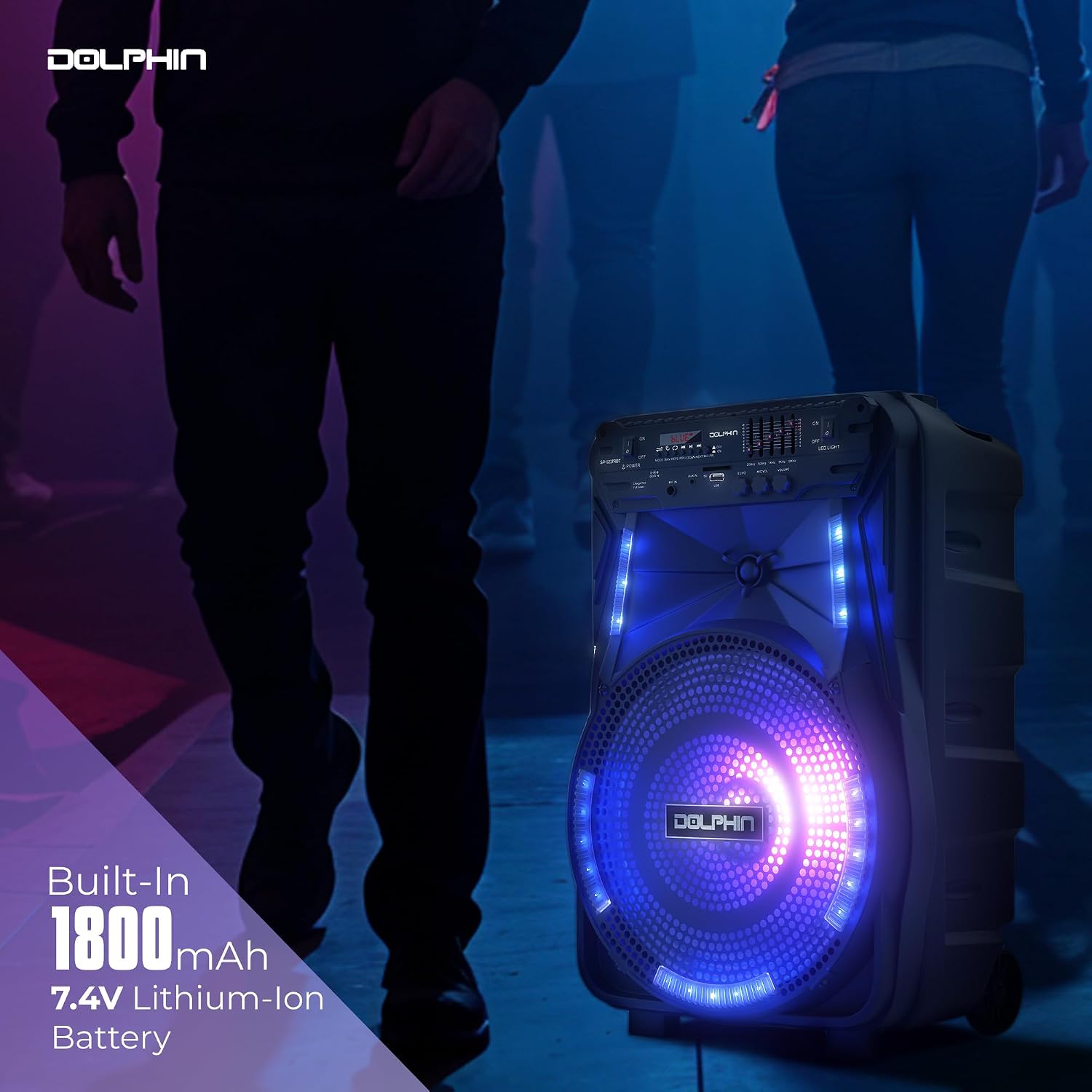 Dolphin Large Bluetooth Party Speaker with Trolley & Wheels, 12" Woofer | WaveSync Pairing, 5-Band EQ, Piezo Tweeter, USB, SD, FM & AUX Inputs