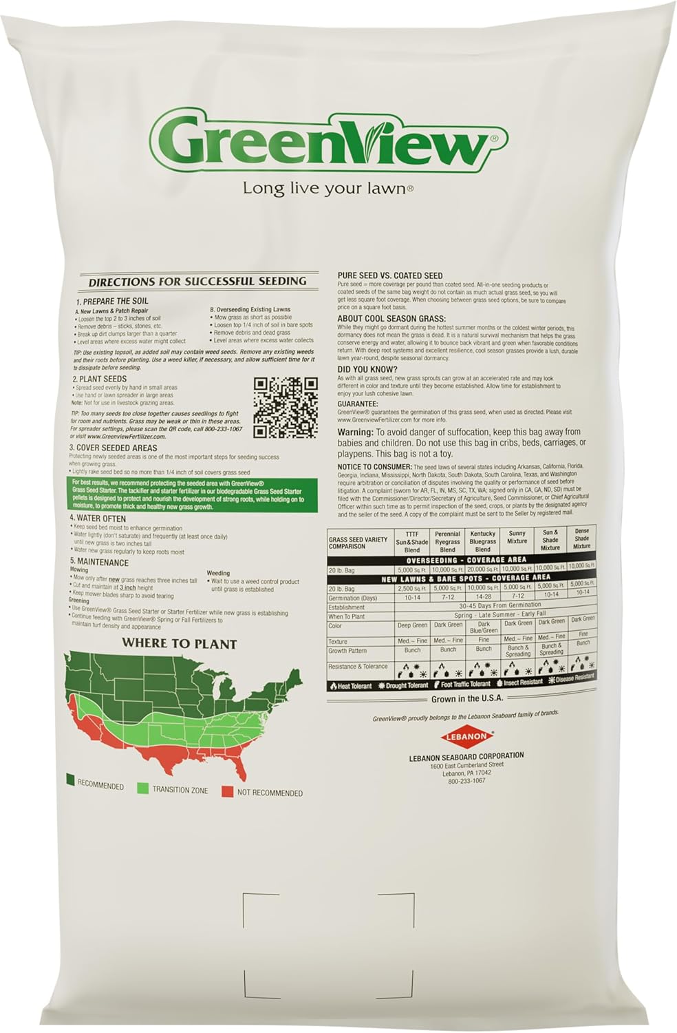 GreenView Pure Grass Seed Perennial Ryegrass Blend, 20 lb. Bag | Covers up to 10