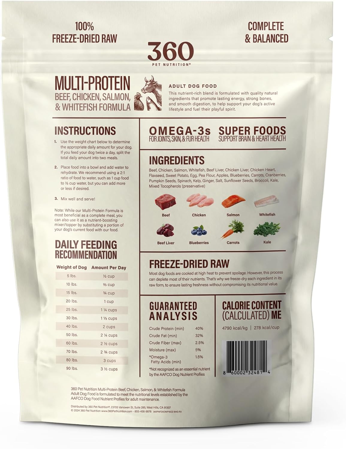 360 Pet Nutrition Freeze-Dried Raw Dog Food – Multi-Protein with Beef, Chicken, Fish, Liver & Organs