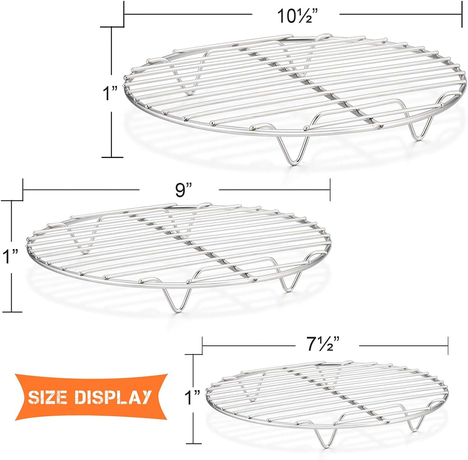 E-far Round Cooking Racks - Size 7½” & 9” & 10½” - Stainless Steel Round Steaming Baking Cooling Rack Set of 3, Multi-Purpose for Canning Air Fryer Pressure Cooker, Dishwasher Safe