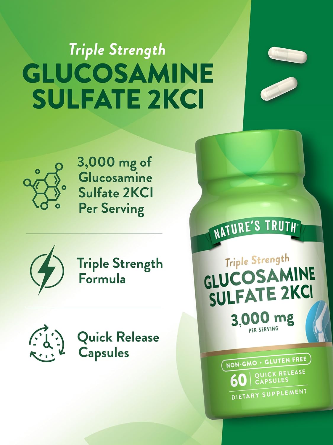 Nature's Truth Glucosamine Sulfate Capsules | 3000mg | 60 Count | Triple Strength | Non-GMO & Gluten Free Supplement | Triple Strength | Non-GMO &